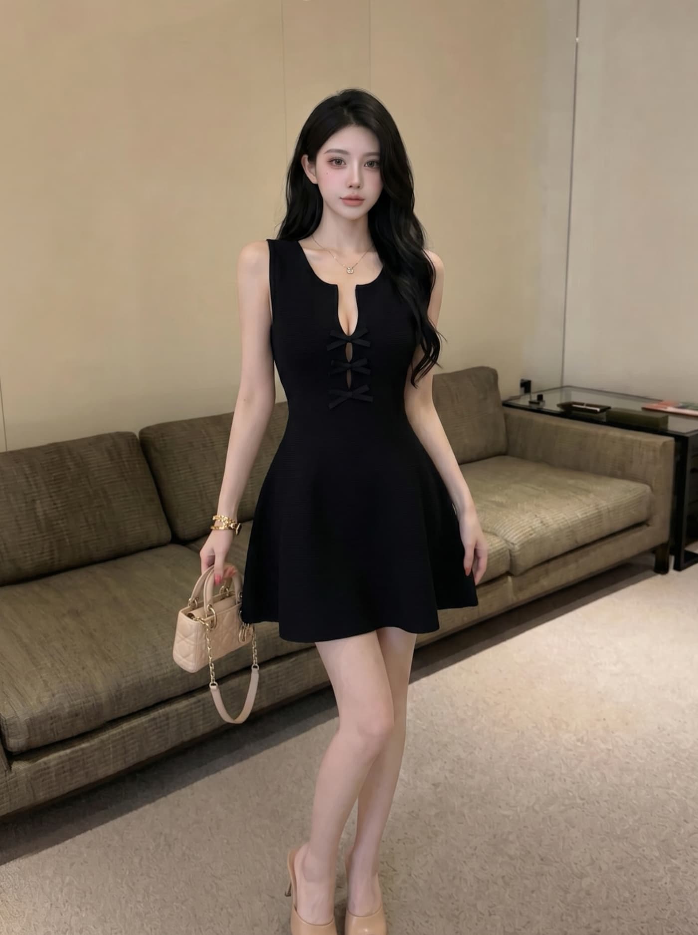 실사 프랑스식 순수한 욕망 바람 니트 드레스 나비 매듭 단추 허리 수축 슬림해 보이는 a 단어 조끼 스커트 여성 여름 상세 이미지 16