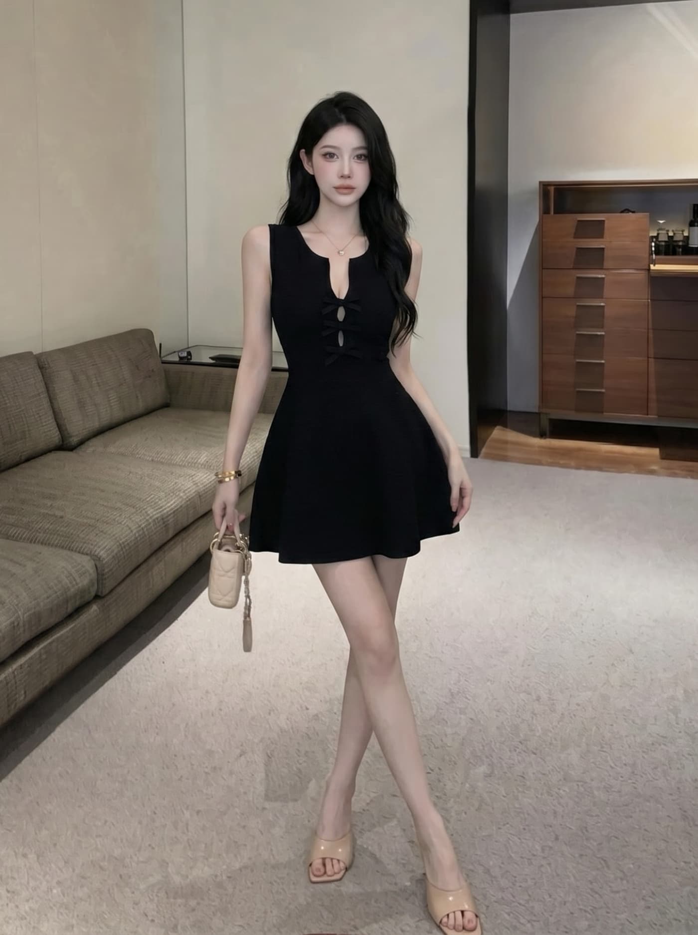 실사 프랑스식 순수한 욕망 바람 니트 드레스 나비 매듭 단추 허리 수축 슬림해 보이는 a 단어 조끼 스커트 여성 여름 상세 이미지 18