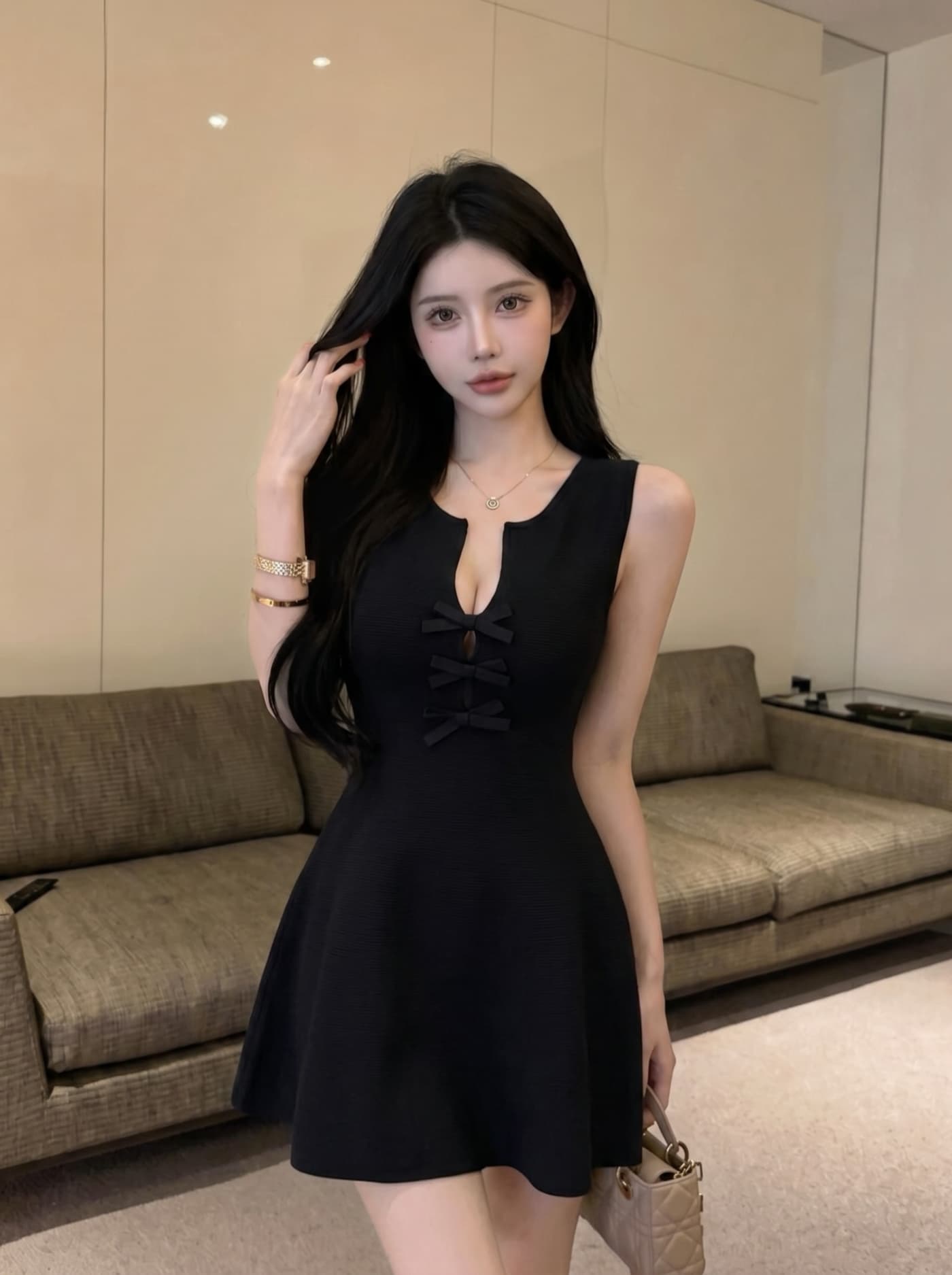 실사 프랑스식 순수한 욕망 바람 니트 드레스 나비 매듭 단추 허리 수축 슬림해 보이는 a 단어 조끼 스커트 여성 여름 상세 이미지 19