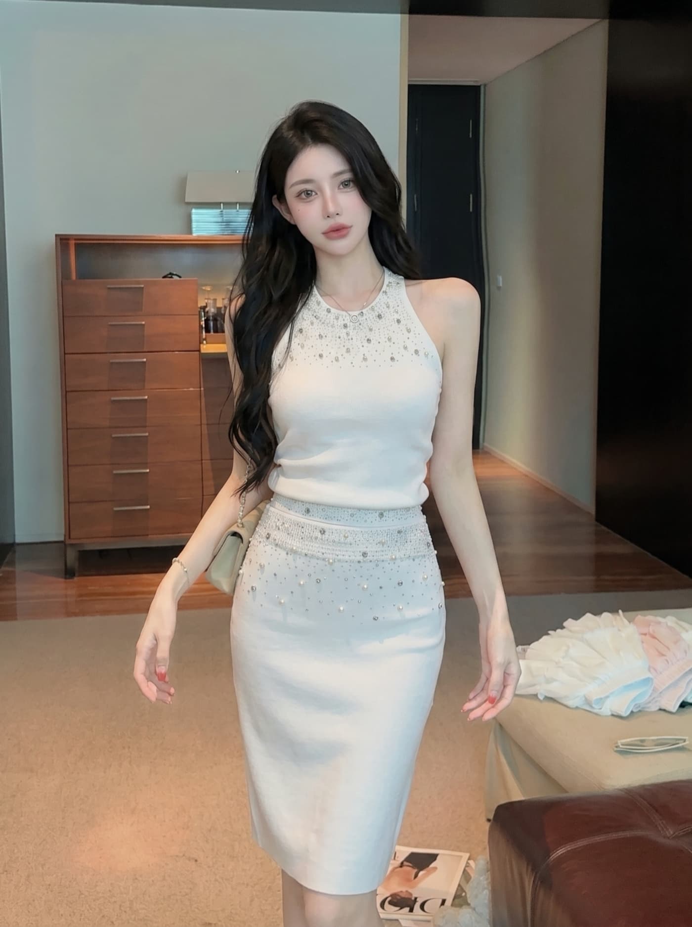 실사 로얄 자매 빛 요리 한 아름다운 작은 치마 몸매 가꾸기 타이트 스커트 생일 예복 세트 부유 한 가족 천 골드 miu 부서 착용 가져 가라. 이미지 3
