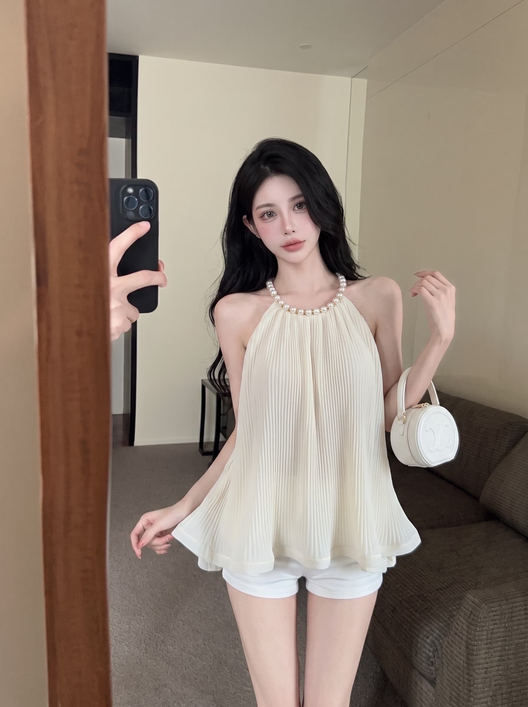 실사 프랑스식 순수한 욕망 진주 행침 목 시폰 셔츠 여성 여름 프릴 조끼 민소매 표지 배 치마 맨위 이미지 4