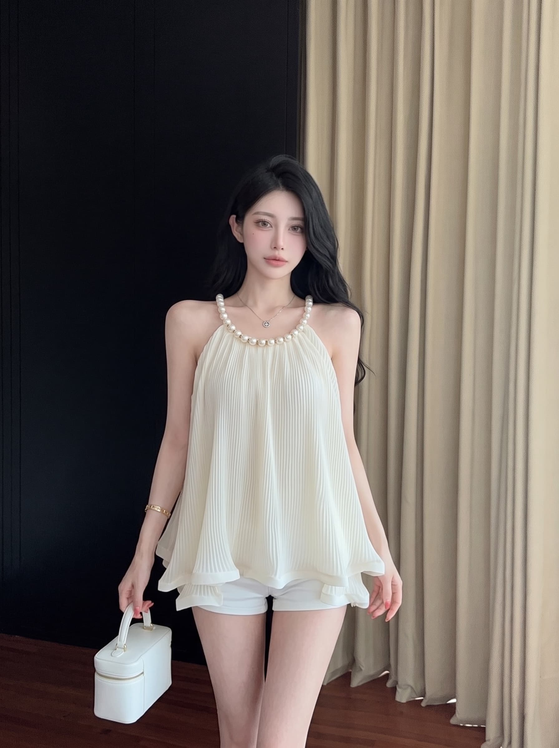 실사 프랑스식 순수한 욕망 진주 행침 목 시폰 셔츠 여성 여름 프릴 조끼 민소매 표지 배 치마 맨위 이미지 5