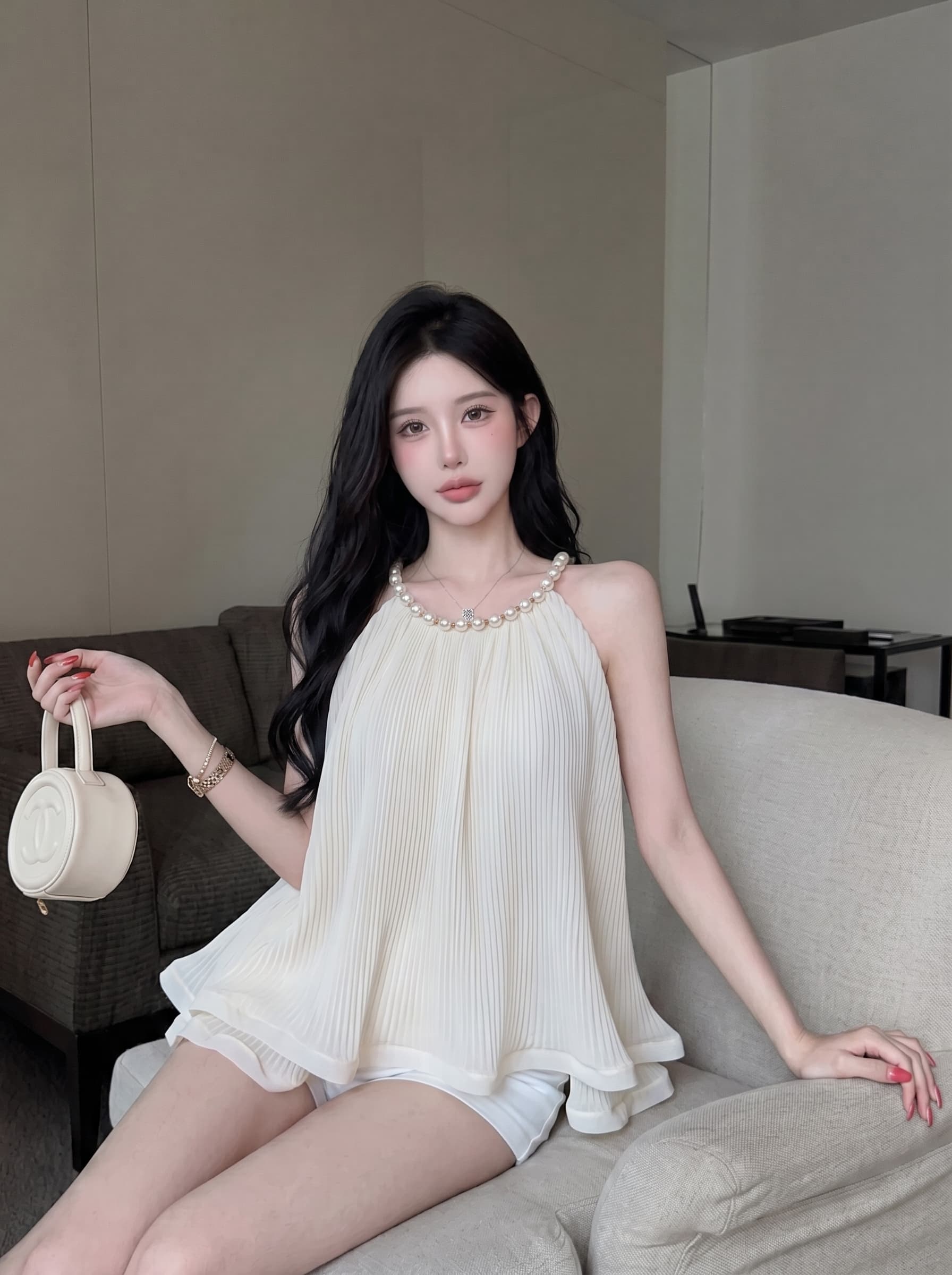 실사 프랑스식 순수한 욕망 진주 행침 목 시폰 셔츠 여성 여름 프릴 조끼 민소매 표지 배 치마 맨위 상세 이미지 1