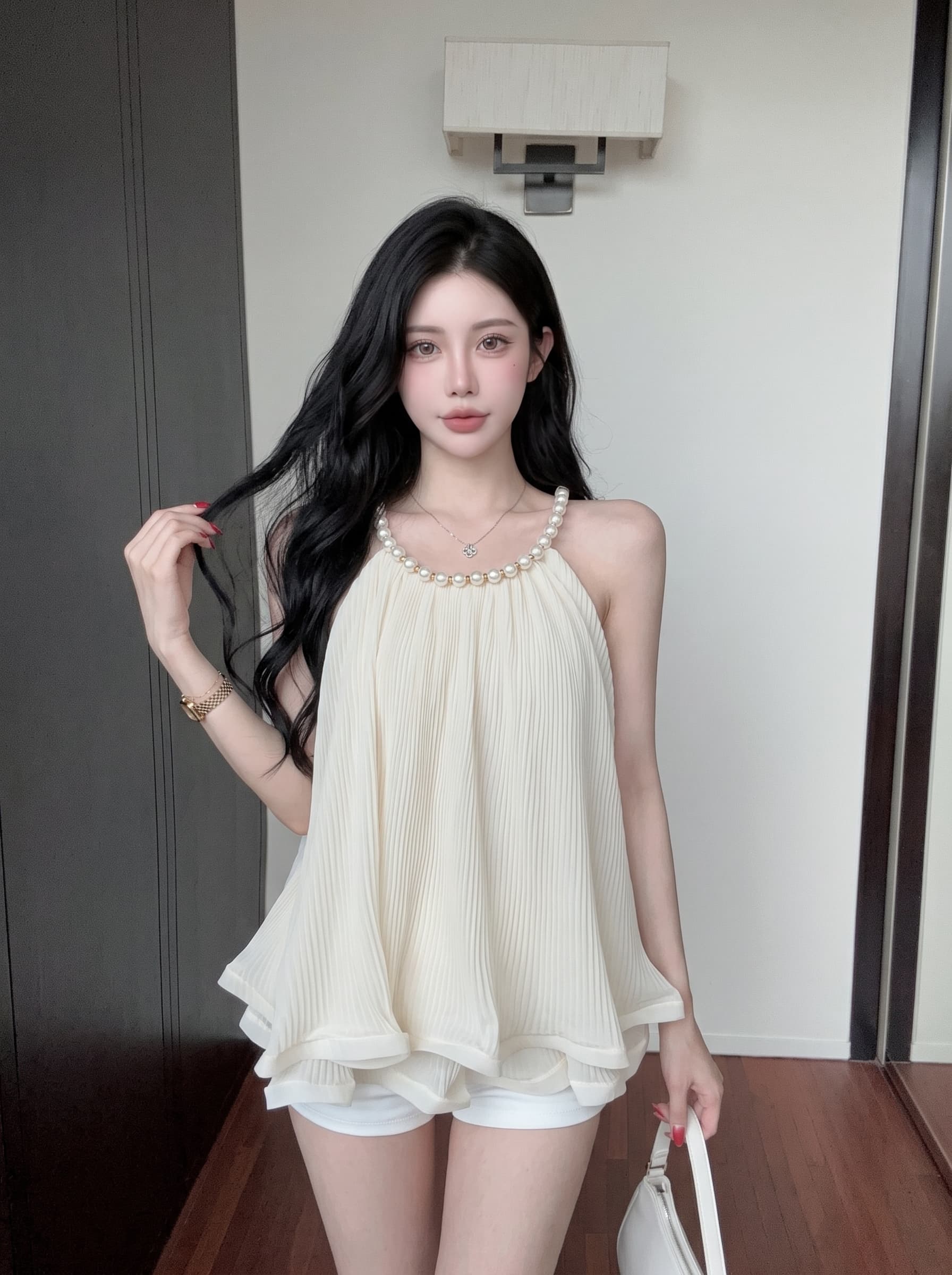 실사 프랑스식 순수한 욕망 진주 행침 목 시폰 셔츠 여성 여름 프릴 조끼 민소매 표지 배 치마 맨위 상세 이미지 6