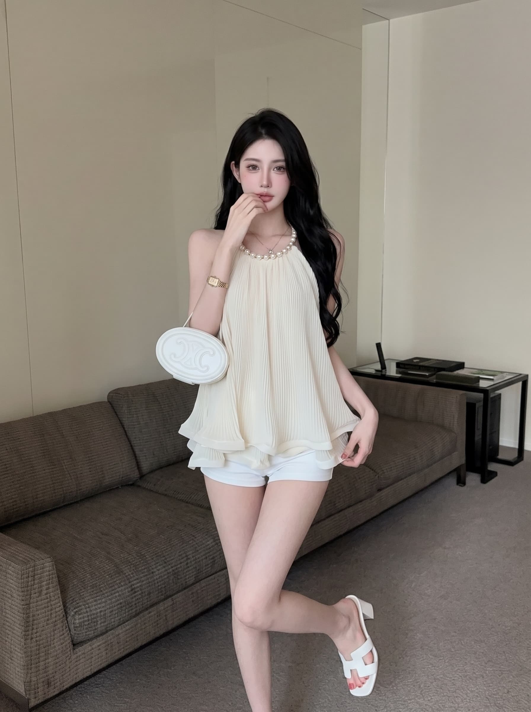 실사 프랑스식 순수한 욕망 진주 행침 목 시폰 셔츠 여성 여름 프릴 조끼 민소매 표지 배 치마 맨위 상세 이미지 7