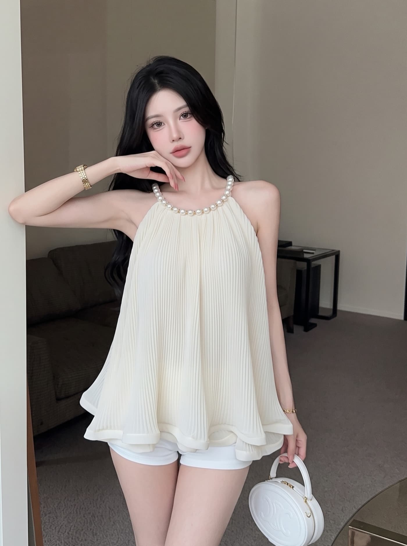 실사 프랑스식 순수한 욕망 진주 행침 목 시폰 셔츠 여성 여름 프릴 조끼 민소매 표지 배 치마 맨위 상세 이미지 8