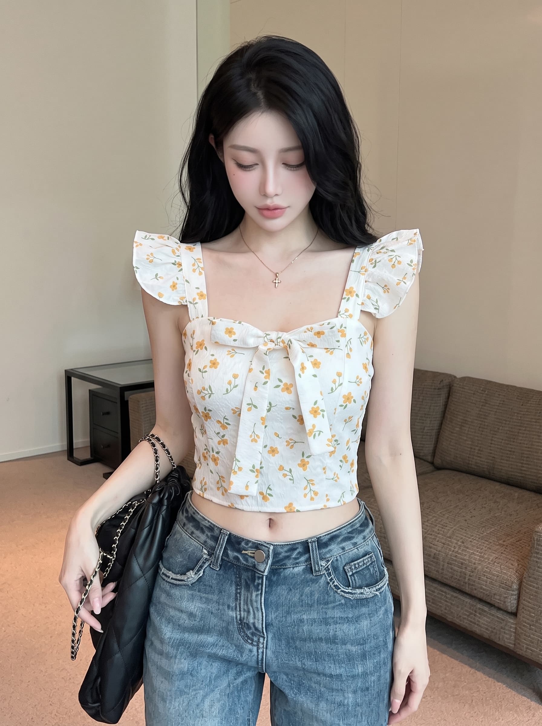 실사 달콤함 행침 목 레이스업 꽃무늬 슬립 작은 대중 Feifei 소매 조끼 여성 외국 가스 쇼트 스타일 벨트 가슴 패드 의류 이미지 5