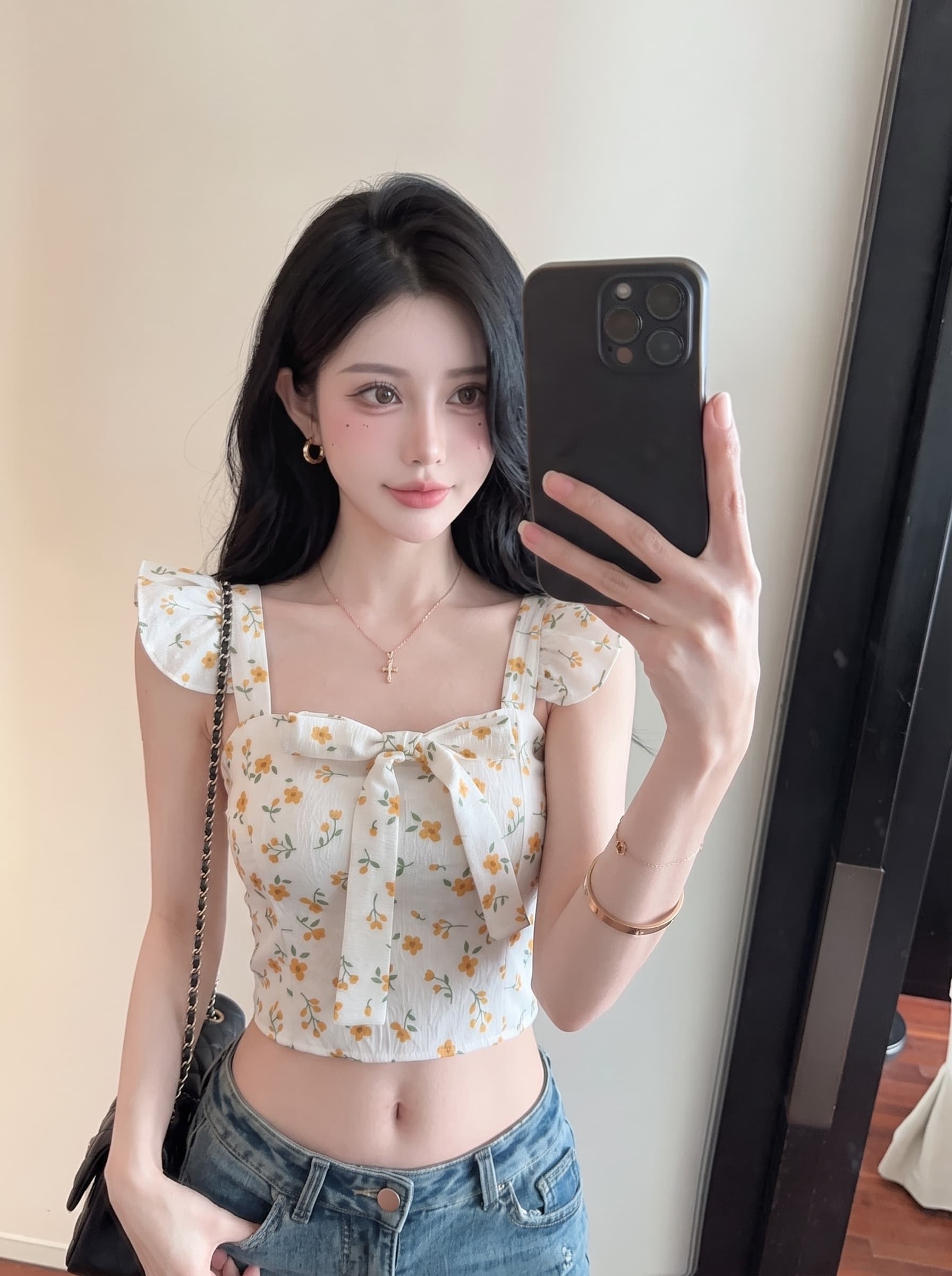 실사 달콤함 행침 목 레이스업 꽃무늬 슬립 작은 대중 Feifei 소매 조끼 여성 외국 가스 쇼트 스타일 벨트 가슴 패드 의류 상세 이미지 5