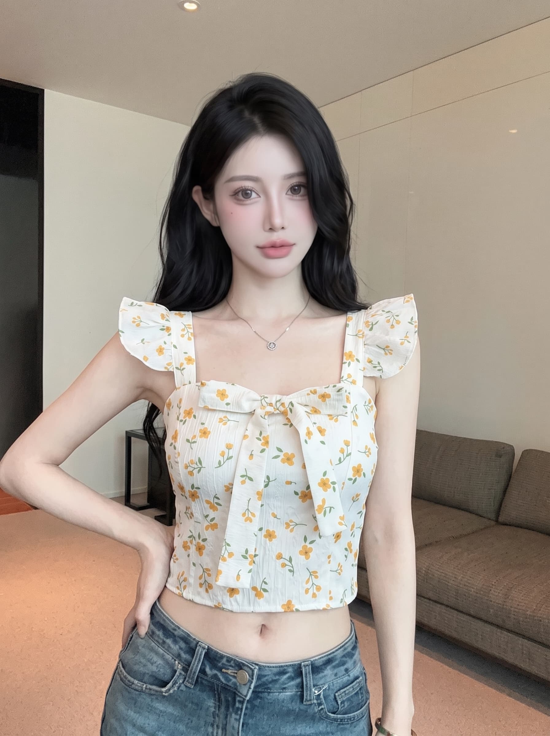 실사 달콤함 행침 목 레이스업 꽃무늬 슬립 작은 대중 Feifei 소매 조끼 여성 외국 가스 쇼트 스타일 벨트 가슴 패드 의류 상세 이미지 6