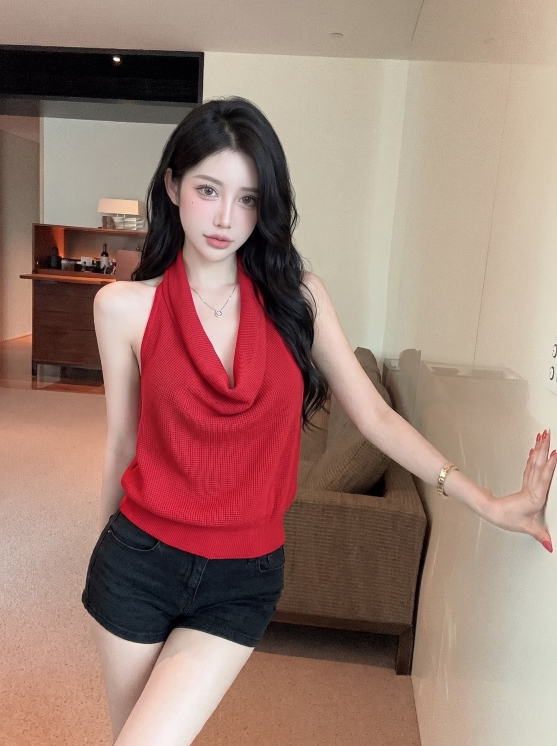 실사 핫걸 흔들다 칼라 행침 목 조끼 여성 여름 외출용 고유 한 아름다운 슬립 허리 수축 슬림해 보이는 민소매 맨위 상세 이미지 1
