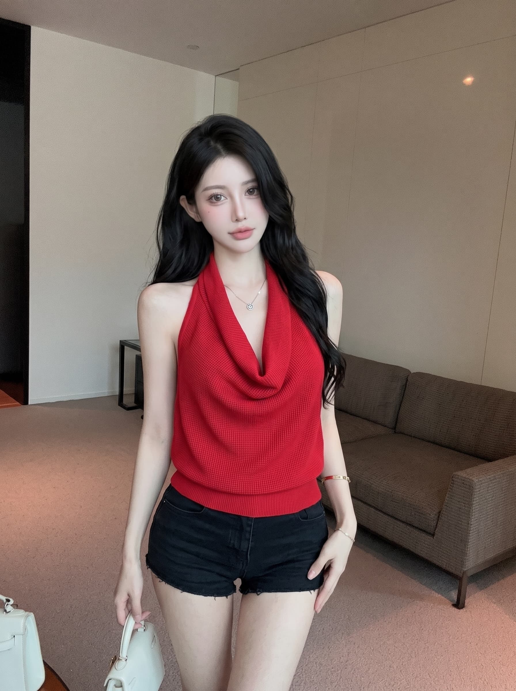 실사 핫걸 흔들다 칼라 행침 목 조끼 여성 여름 외출용 고유 한 아름다운 슬립 허리 수축 슬림해 보이는 민소매 맨위 상세 이미지 2