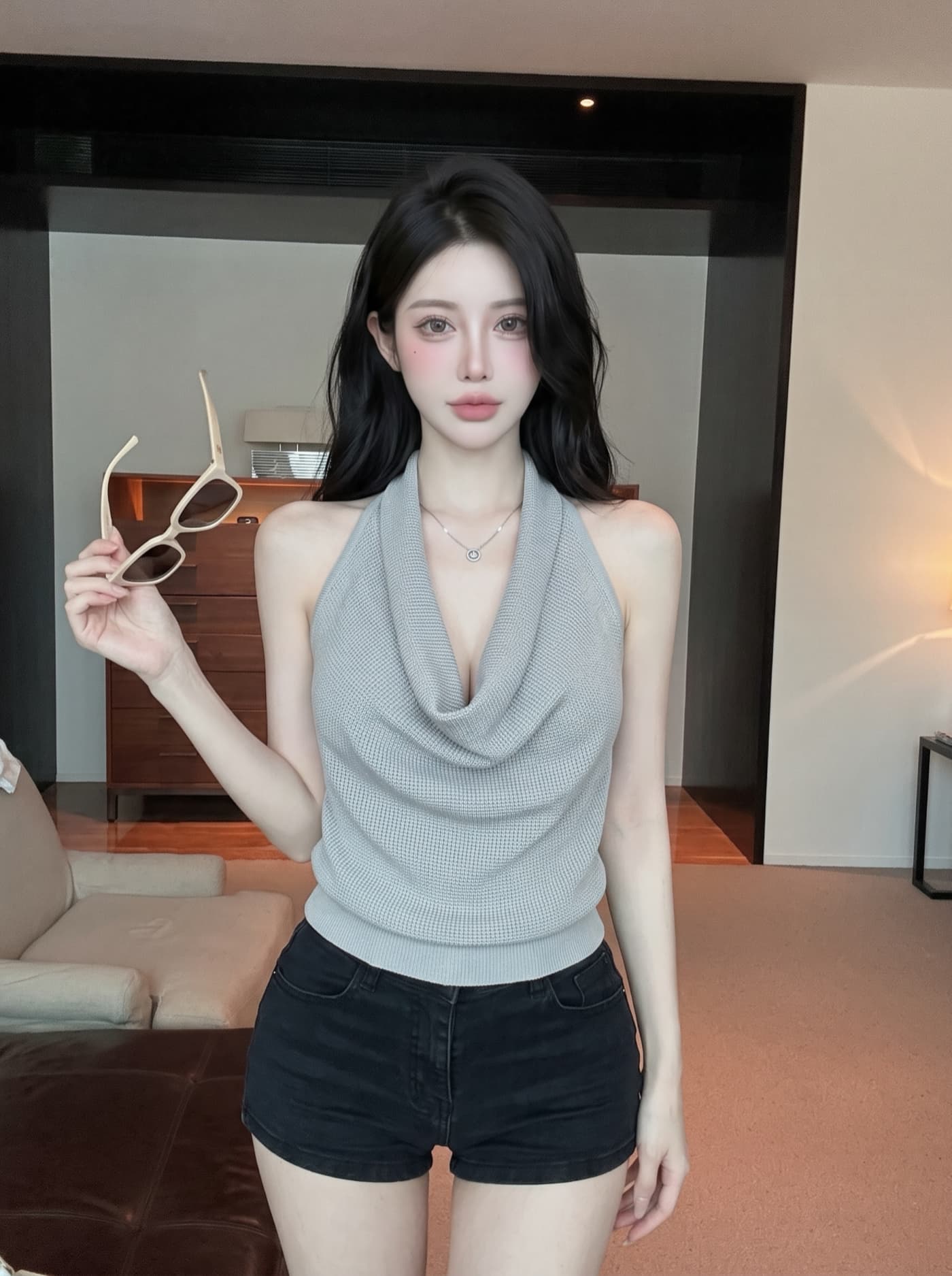 실사 핫걸 흔들다 칼라 행침 목 조끼 여성 여름 외출용 고유 한 아름다운 슬립 허리 수축 슬림해 보이는 민소매 맨위 상세 이미지 7