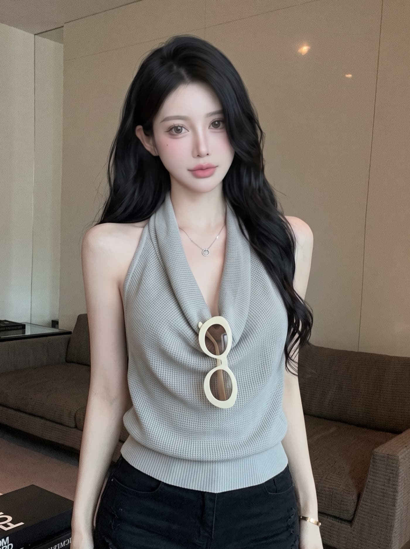 실사 핫걸 흔들다 칼라 행침 목 조끼 여성 여름 외출용 고유 한 아름다운 슬립 허리 수축 슬림해 보이는 민소매 맨위 상세 이미지 8
