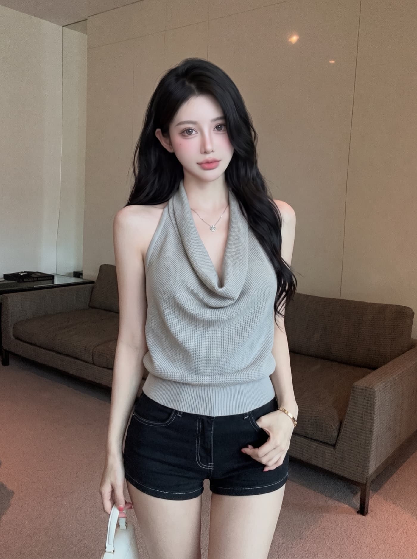 실사 핫걸 흔들다 칼라 행침 목 조끼 여성 여름 외출용 고유 한 아름다운 슬립 허리 수축 슬림해 보이는 민소매 맨위 상세 이미지 9