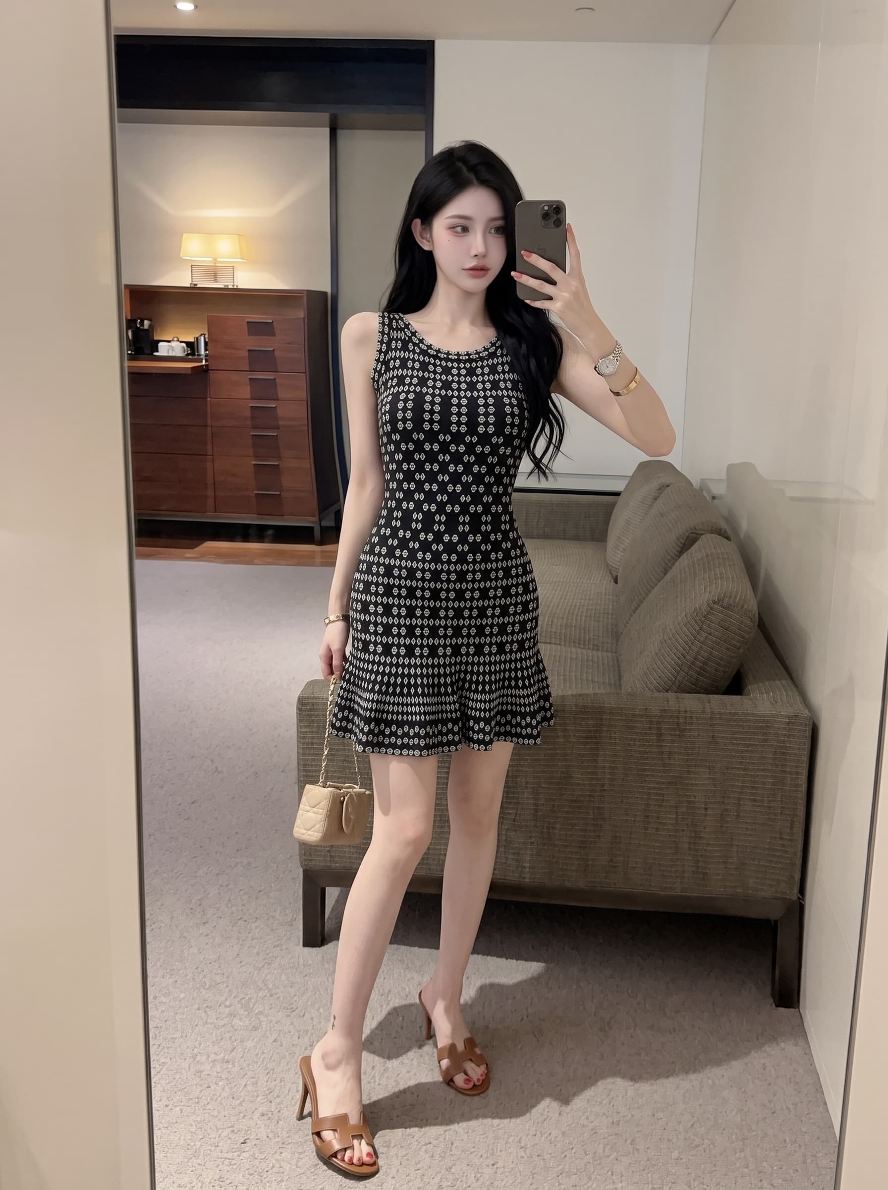 실사 프랑스식 섹시함 허리 수축 타이트 스커트 여성 드레스 여름 꽃무늬 라운드 넥 품격 한 마디 치마 민소매 미니 스커트 상세 이미지 2