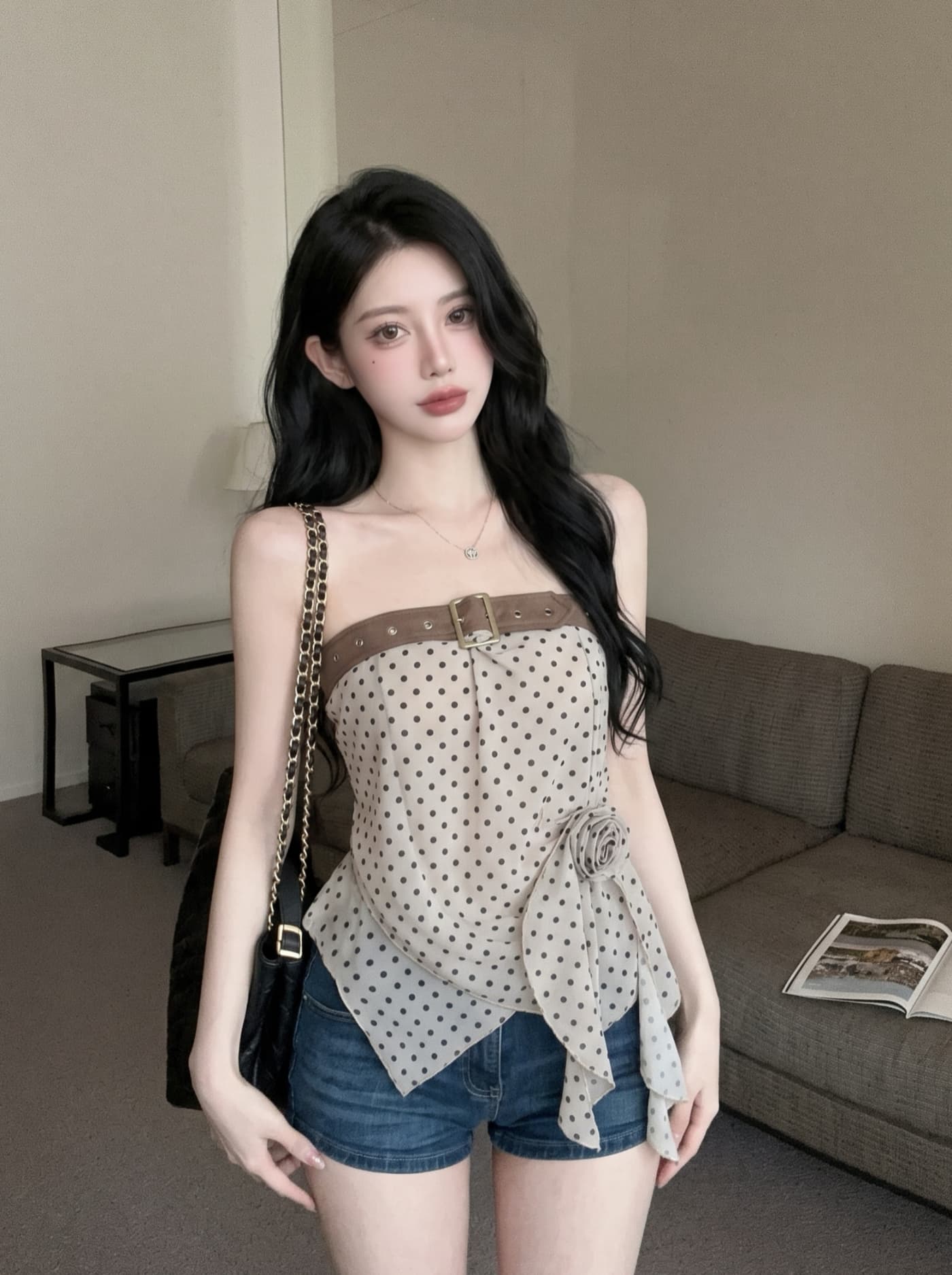 실사 천년기 핫걸 바람 튜브탑 여성 여름 새로운 3 차원 주름 몸매 가꾸기 불규칙 밑단 민소매 맨위 트렌디 상세 이미지 5