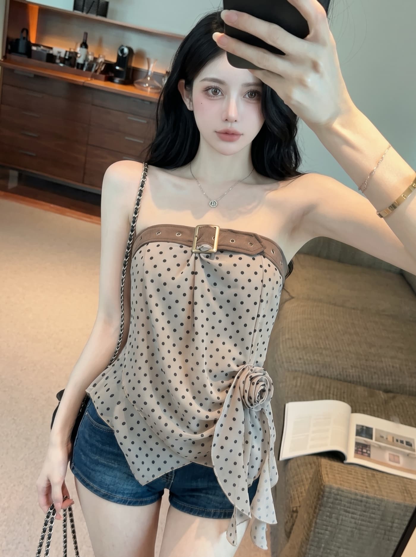 실사 천년기 핫걸 바람 튜브탑 여성 여름 새로운 3 차원 주름 몸매 가꾸기 불규칙 밑단 민소매 맨위 트렌디 상세 이미지 6