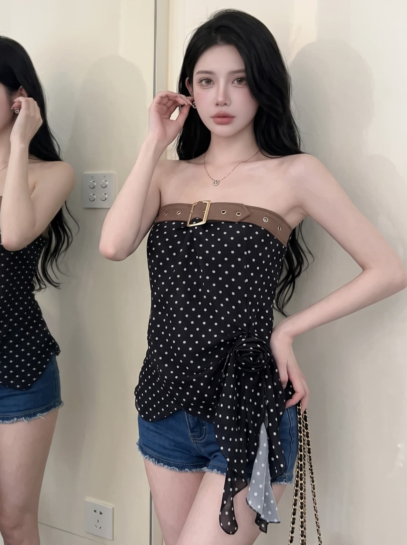 실사 천년기 핫걸 바람 튜브탑 여성 여름 새로운 3 차원 주름 몸매 가꾸기 불규칙 밑단 민소매 맨위 트렌디 상세 이미지 11