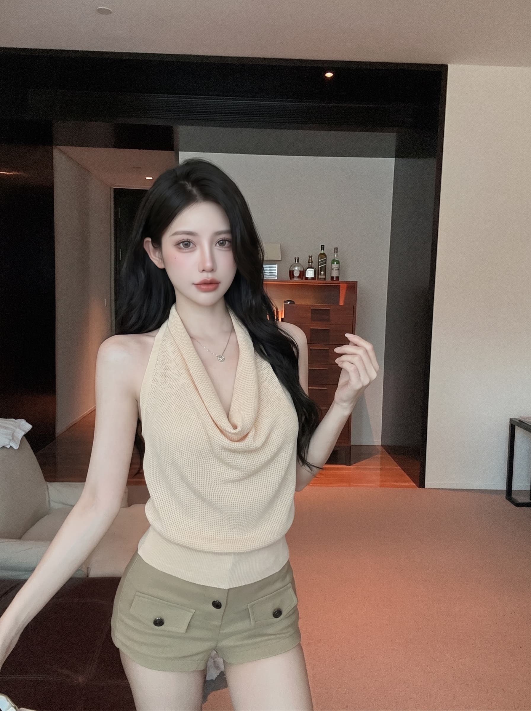 실사 핫걸 흔들다 칼라 행침 목 조끼 여성 여름 외출용 고유 한 아름다운 슬립 허리 수축 슬림해 보이는 민소매 맨위 이미지 2