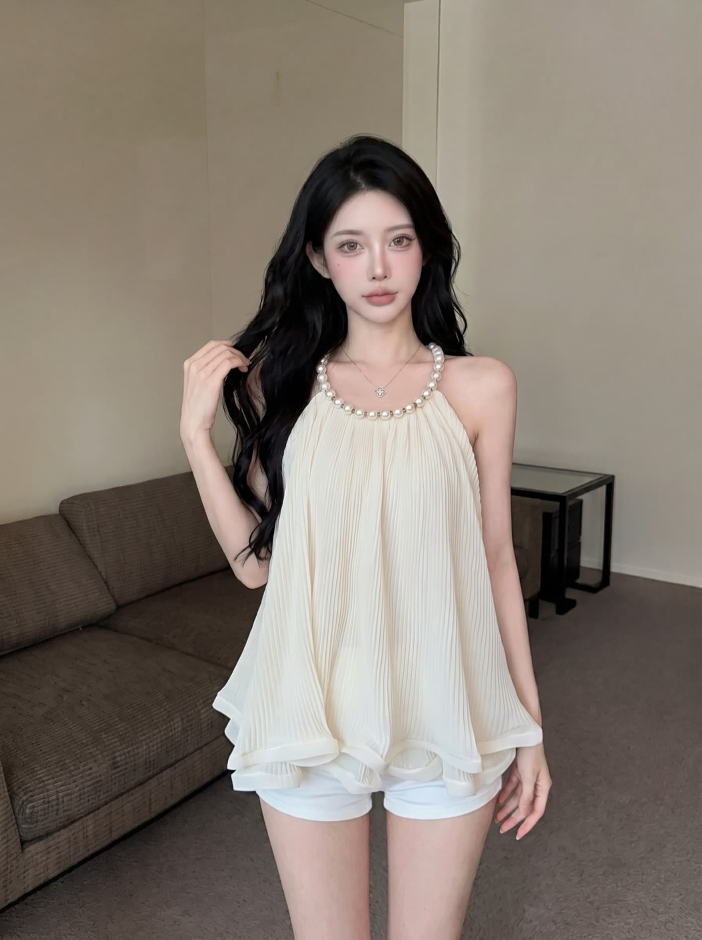 실사 프랑스식 순수한 욕망 진주 행침 목 시폰 셔츠 여성 여름 프릴 조끼 민소매 표지 배 치마 맨위 이미지 3