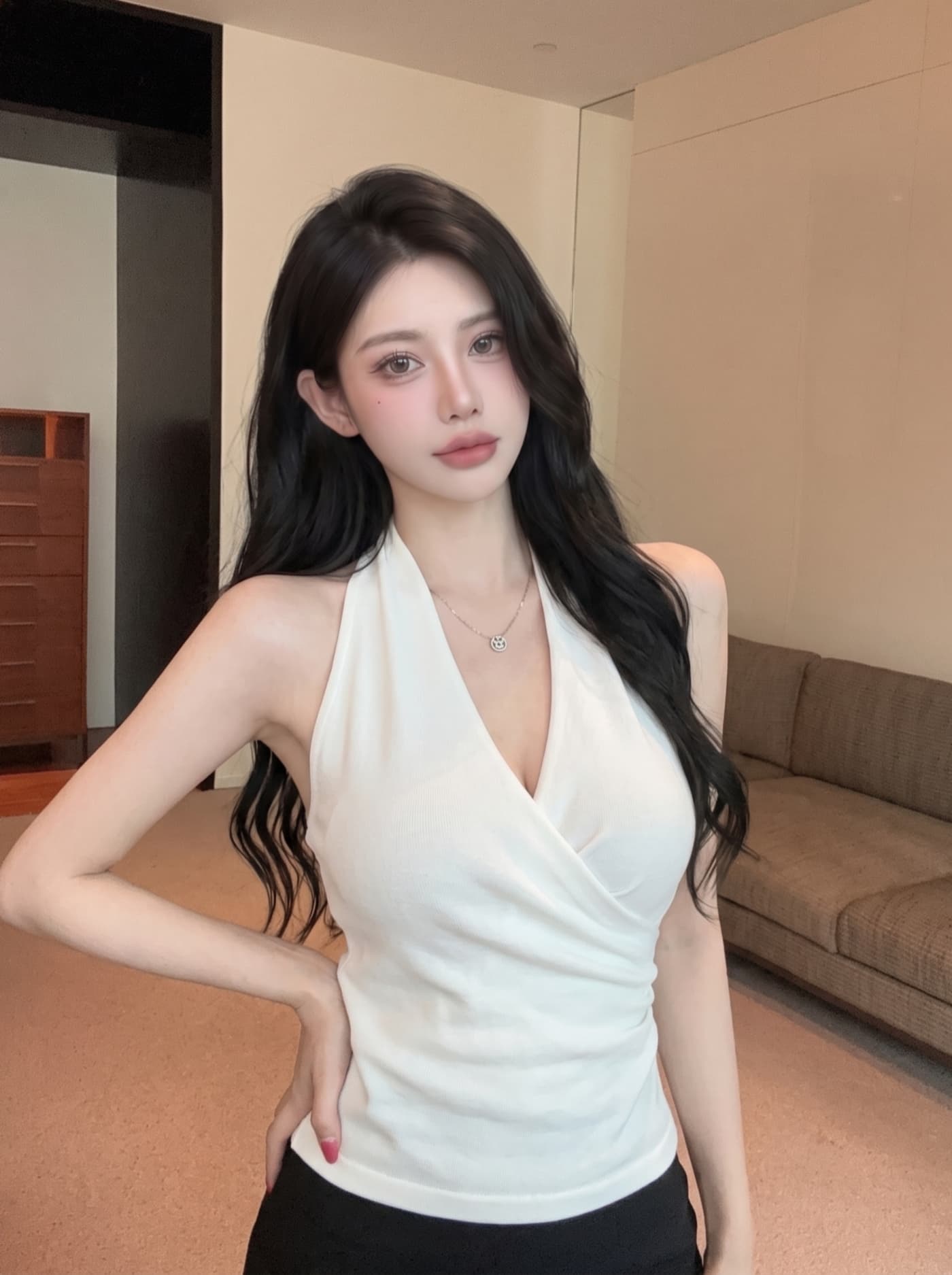 실사 프랑스식 아름다운 행침 목 캐미솔 여름 핫걸 허리 수축 슬림해 보이는 외출용 슈퍼 잘 생긴 맨위 트렌디 상세 이미지 3