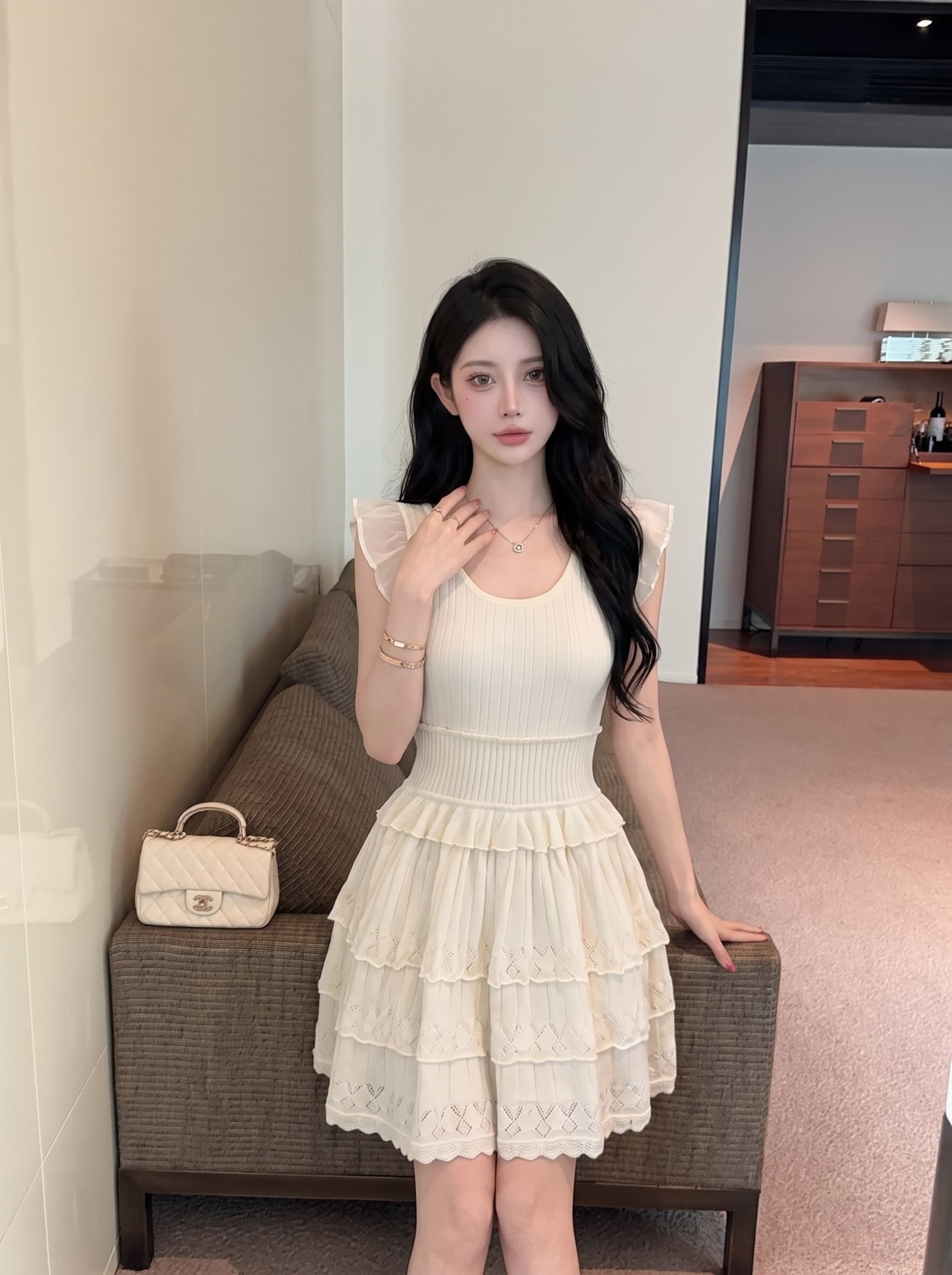 실사 한 부서 부드러운 작은 날다 소매 니트 여성 드레스 여름 새로운 작은 키 허리 수축 슬림해 보이는 한 마디 미니 스커트 이미지 5