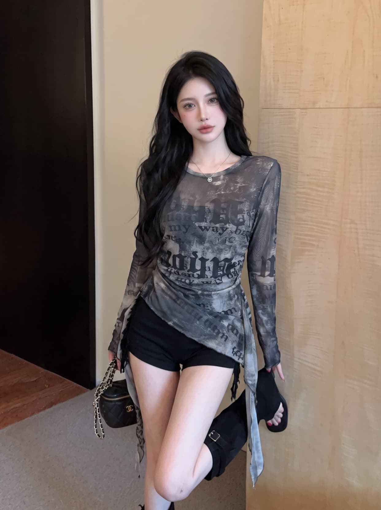 실사 라운드 넥 헤일로 염색 프릴 리본 불규칙 긴팔 망사 맨위 여성 여름 몸매 가꾸기 주름 세트 티셔츠 상세 이미지 1