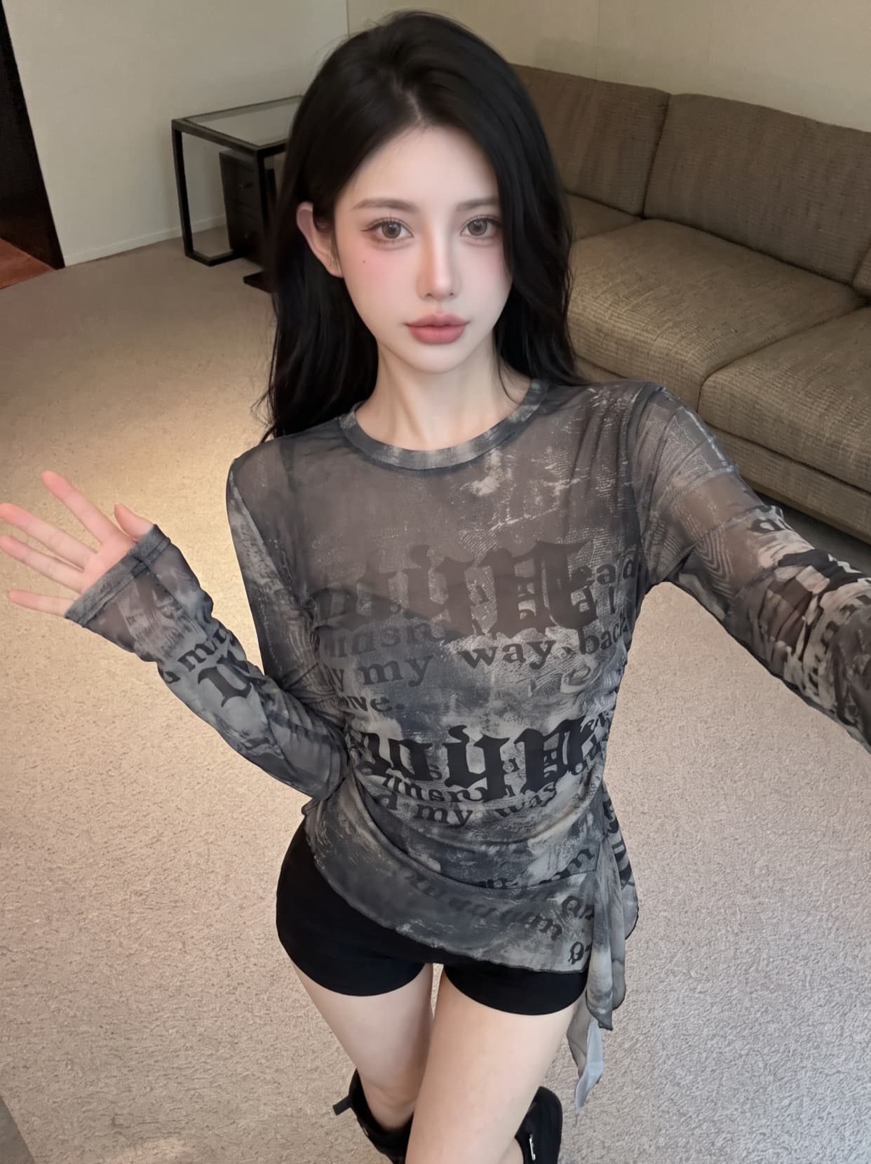 실사 라운드 넥 헤일로 염색 프릴 리본 불규칙 긴팔 망사 맨위 여성 여름 몸매 가꾸기 주름 세트 티셔츠 상세 이미지 2