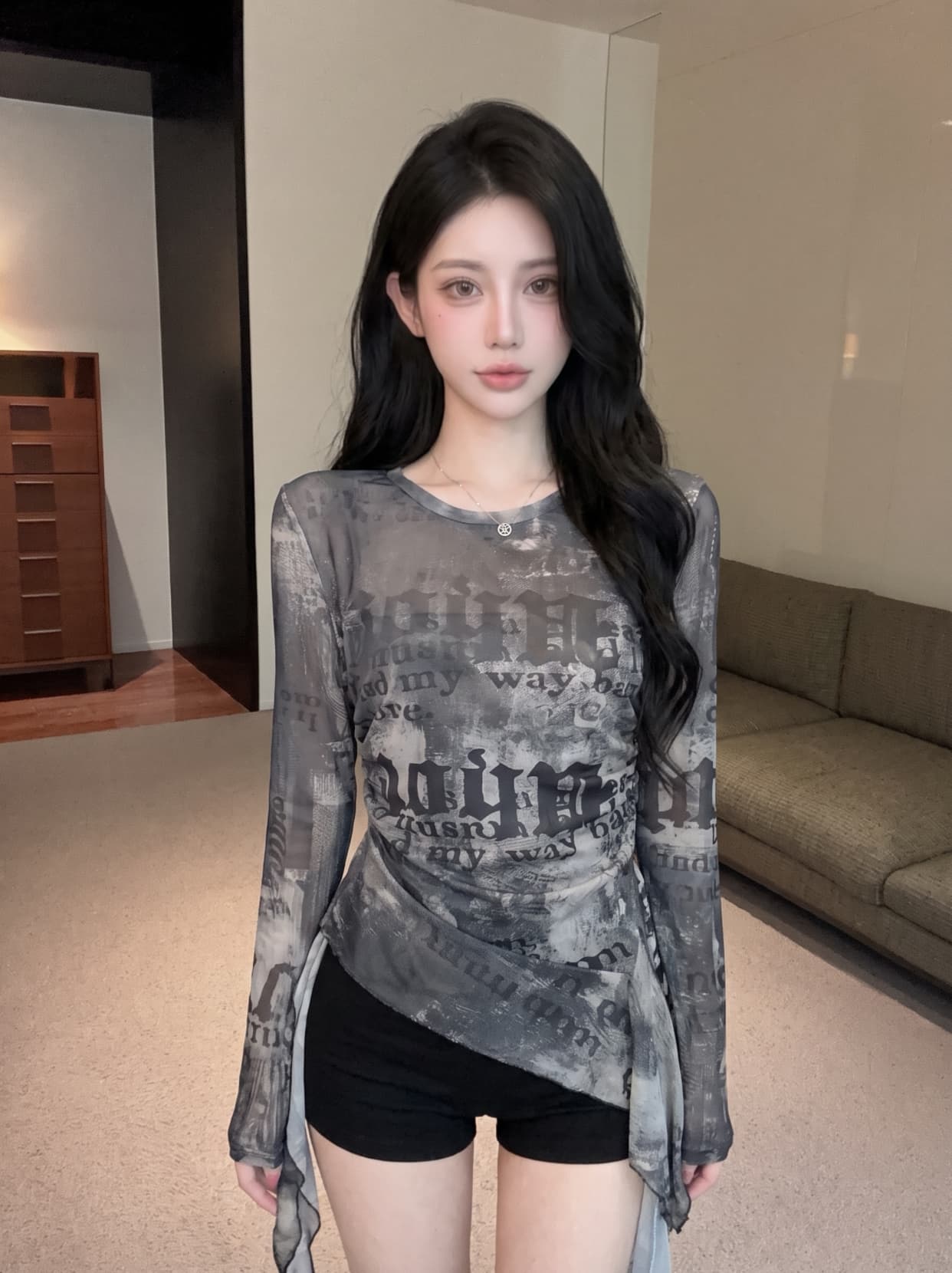 실사 라운드 넥 헤일로 염색 프릴 리본 불규칙 긴팔 망사 맨위 여성 여름 몸매 가꾸기 주름 세트 티셔츠 상세 이미지 4