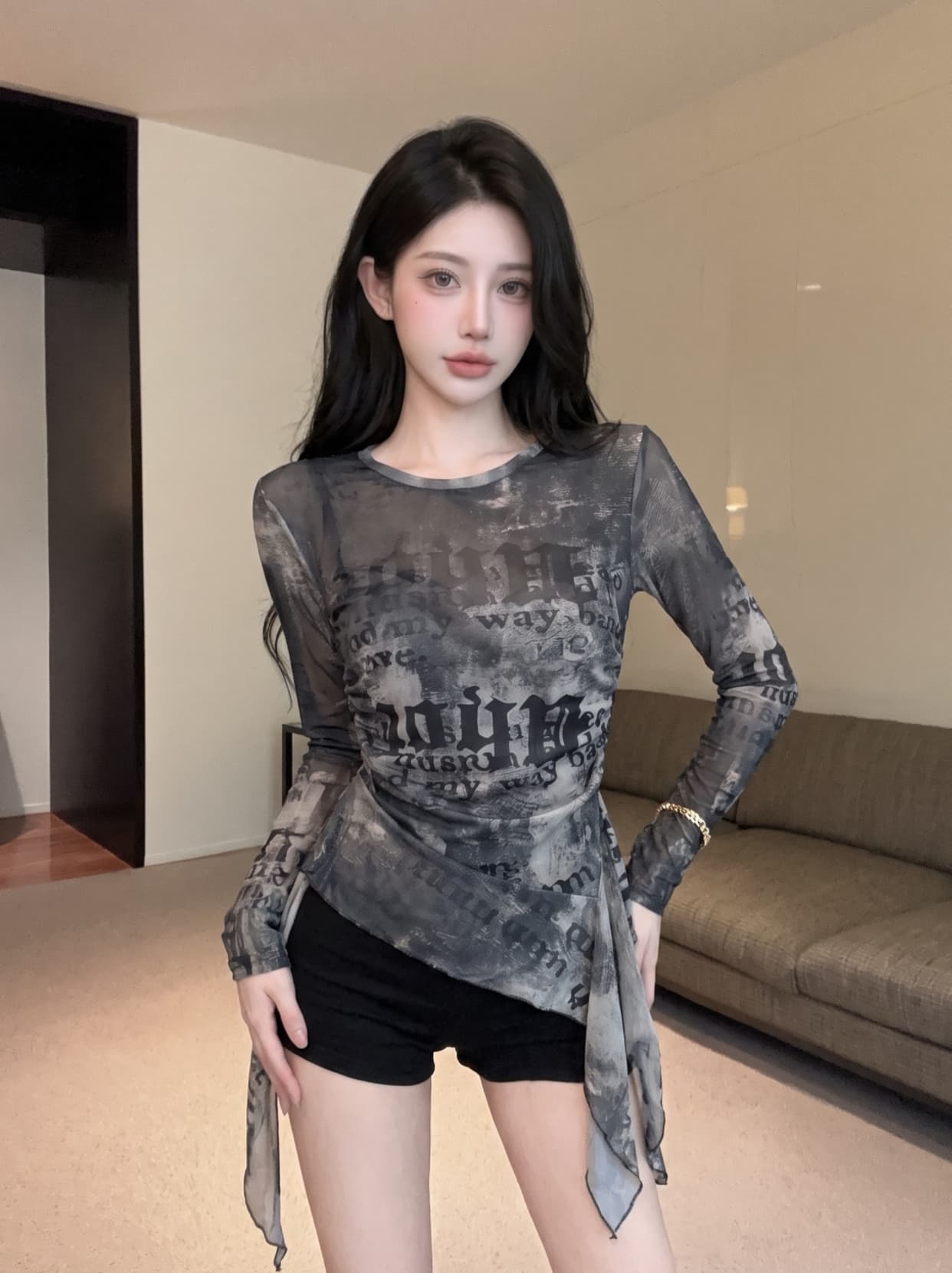 실사 라운드 넥 헤일로 염색 프릴 리본 불규칙 긴팔 망사 맨위 여성 여름 몸매 가꾸기 주름 세트 티셔츠 상세 이미지 5