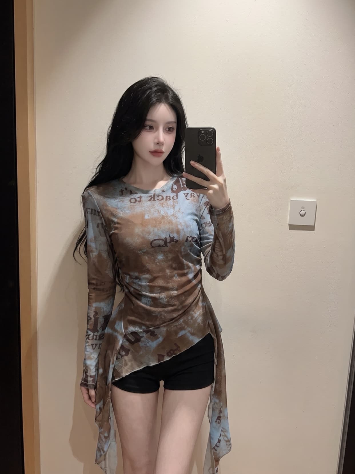 실사 라운드 넥 헤일로 염색 프릴 리본 불규칙 긴팔 망사 맨위 여성 여름 몸매 가꾸기 주름 세트 티셔츠 상세 이미지 8