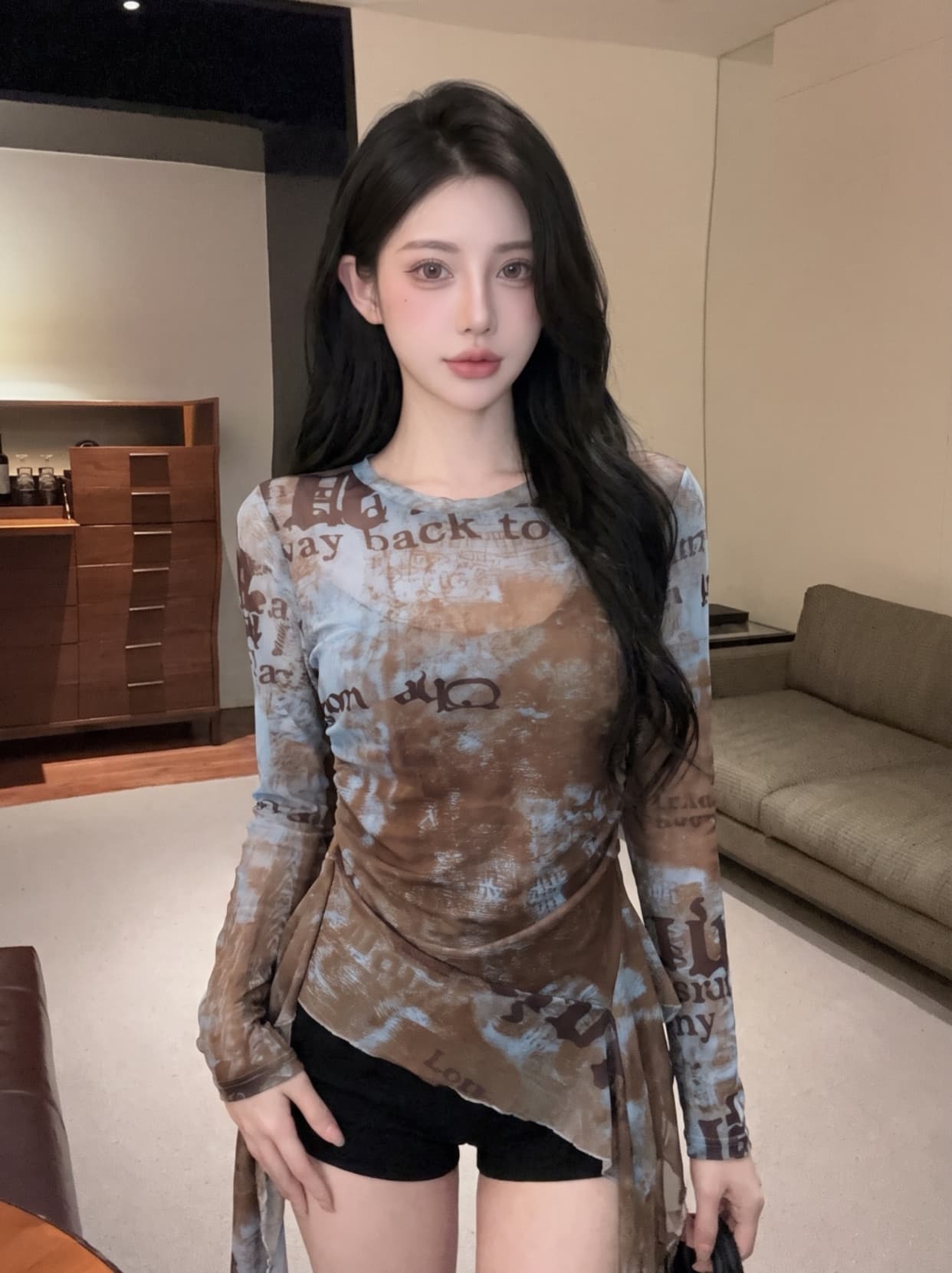 실사 라운드 넥 헤일로 염색 프릴 리본 불규칙 긴팔 망사 맨위 여성 여름 몸매 가꾸기 주름 세트 티셔츠 상세 이미지 9