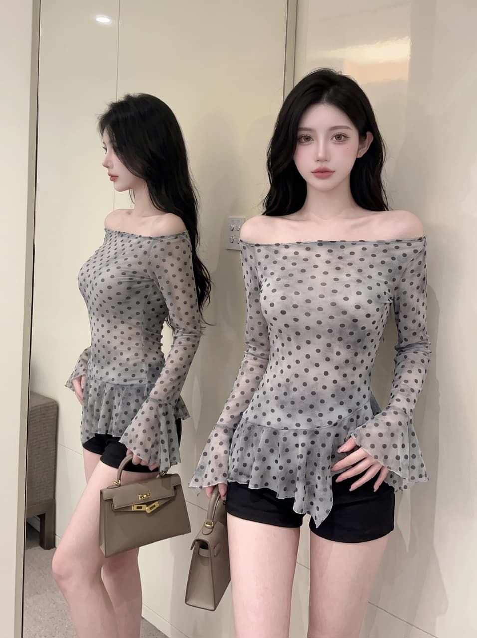 실사 디자인 센스 핫걸 비스듬한 칼라 오프숄더 도트 무늬 프린트 긴팔 시스루 망사 불규칙 티셔츠 맨위 여성 여름 이미지 5