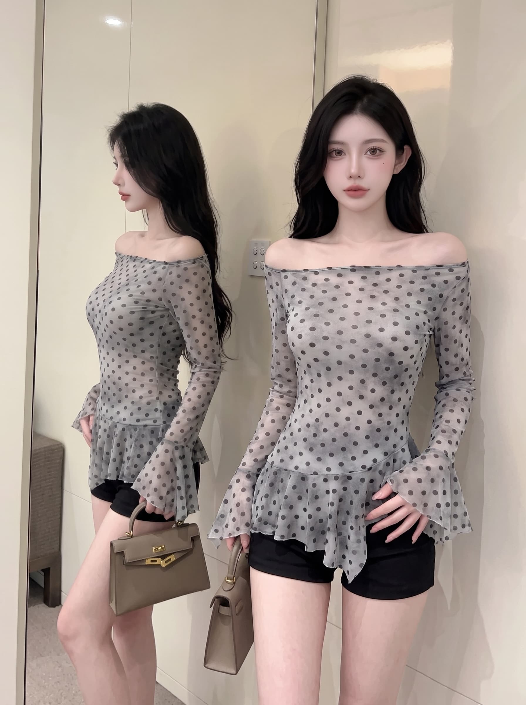 실사 디자인 센스 핫걸 비스듬한 칼라 오프숄더 도트 무늬 프린트 긴팔 시스루 망사 불규칙 티셔츠 맨위 여성 여름 상세 이미지 11