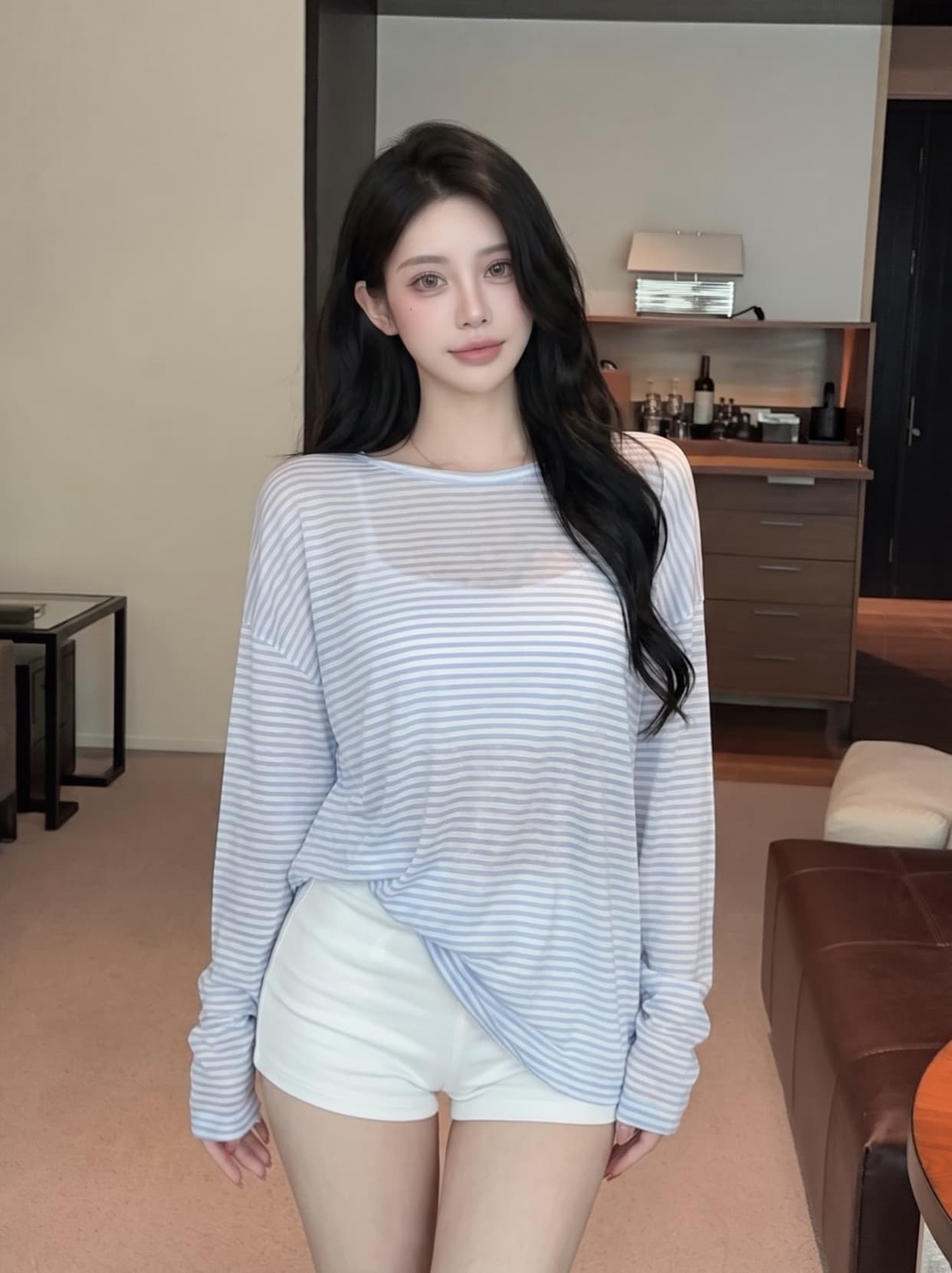 실사 백리스 스트랩 파란색 스트라이프 긴팔 티셔츠 여성 여름 얇은 스타일 루즈핏 맨위 느긋한 바람 자외선 차단 블라우스 상세 이미지 2