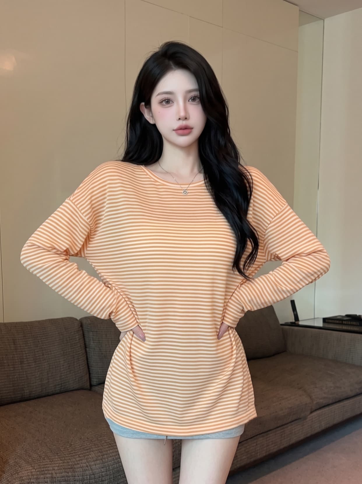 실사 백리스 스트랩 파란색 스트라이프 긴팔 티셔츠 여성 여름 얇은 스타일 루즈핏 맨위 느긋한 바람 자외선 차단 블라우스 상세 이미지 5