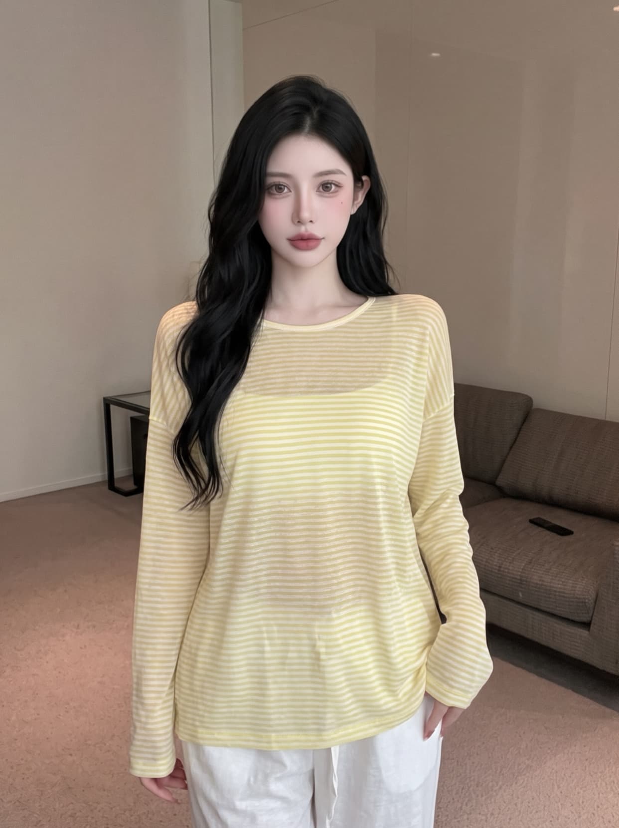 실사 백리스 스트랩 파란색 스트라이프 긴팔 티셔츠 여성 여름 얇은 스타일 루즈핏 맨위 느긋한 바람 자외선 차단 블라우스 상세 이미지 9