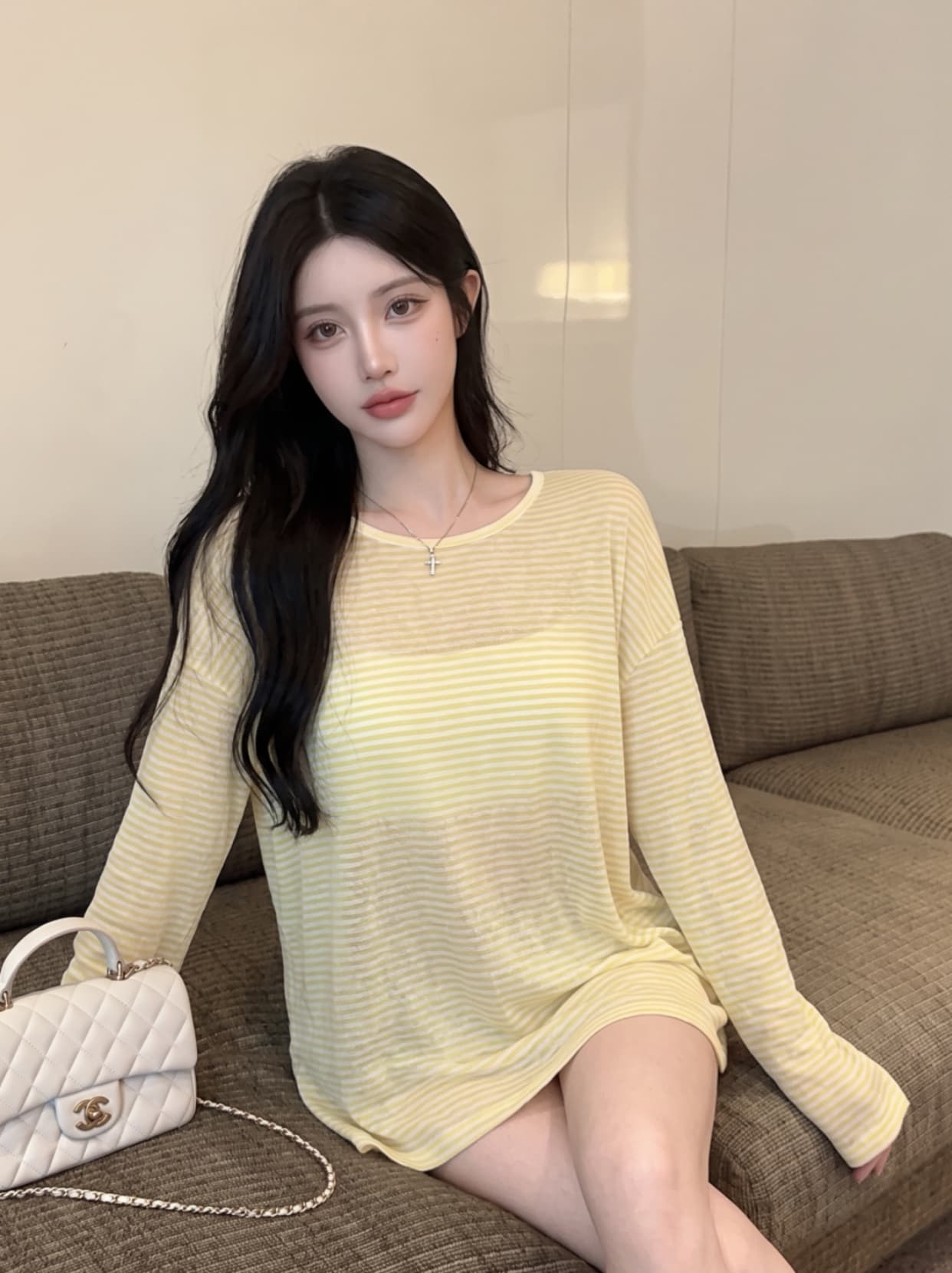 실사 백리스 스트랩 파란색 스트라이프 긴팔 티셔츠 여성 여름 얇은 스타일 루즈핏 맨위 느긋한 바람 자외선 차단 블라우스 상세 이미지 10