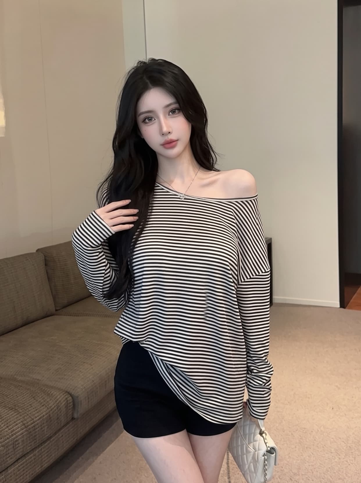 실사 백리스 스트랩 파란색 스트라이프 긴팔 티셔츠 여성 여름 얇은 스타일 루즈핏 맨위 느긋한 바람 자외선 차단 블라우스 상세 이미지 15