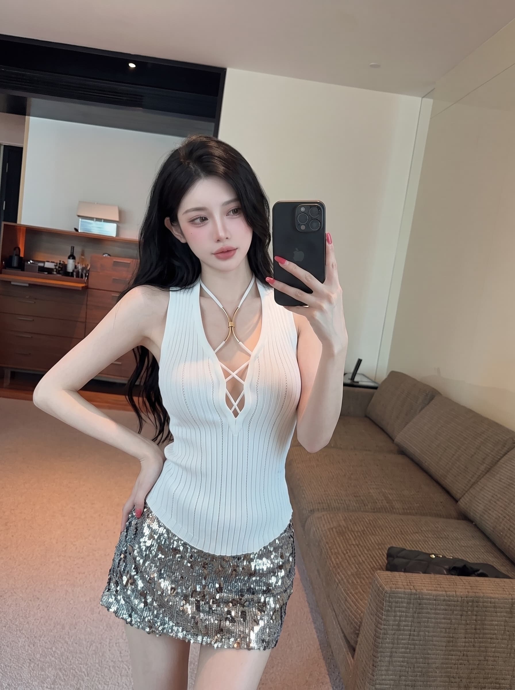 실사 십자가 홀로우 아웃 행침 목 조끼 여성 여름 디자인 센스 고유 한 Chic 순수한 욕망 바람 핫걸 몸매 가꾸기 작은 맨위 상세 이미지 1