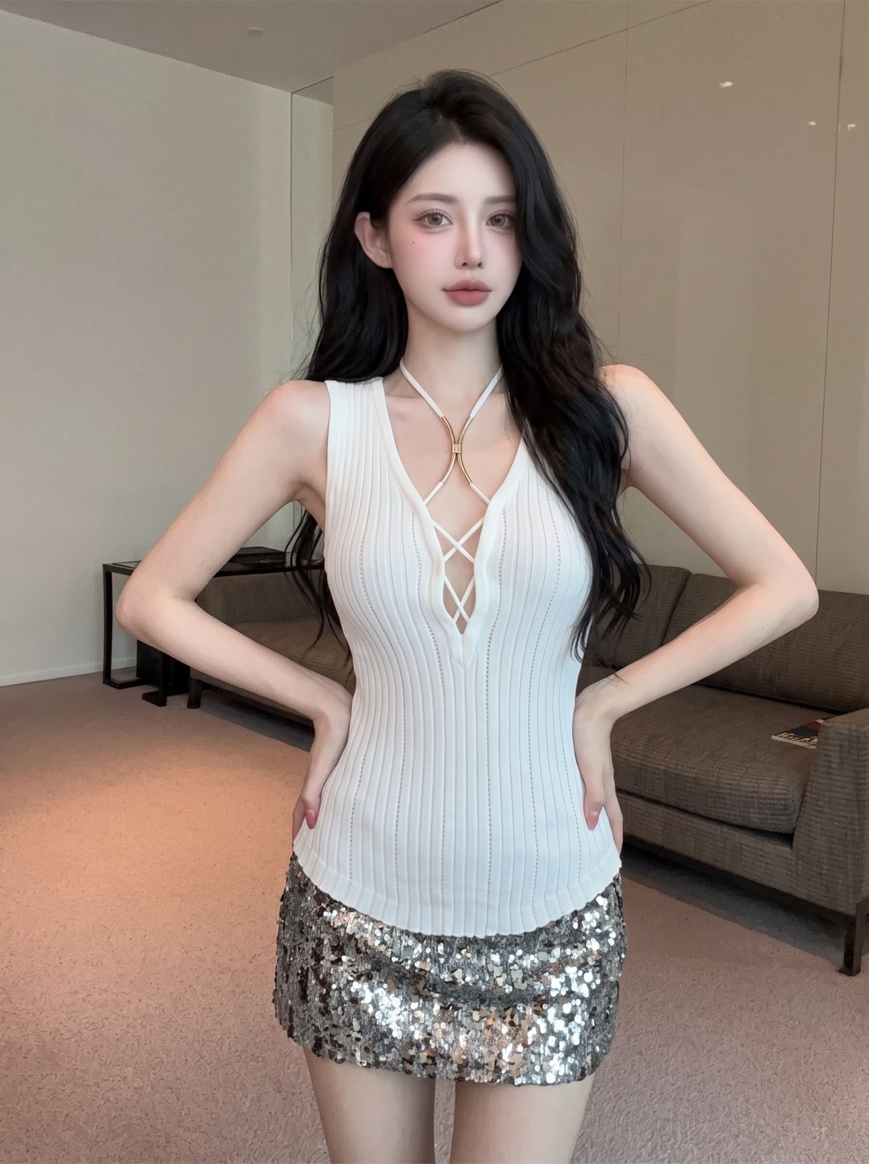 실사 십자가 홀로우 아웃 행침 목 조끼 여성 여름 디자인 센스 고유 한 Chic 순수한 욕망 바람 핫걸 몸매 가꾸기 작은 맨위 상세 이미지 3