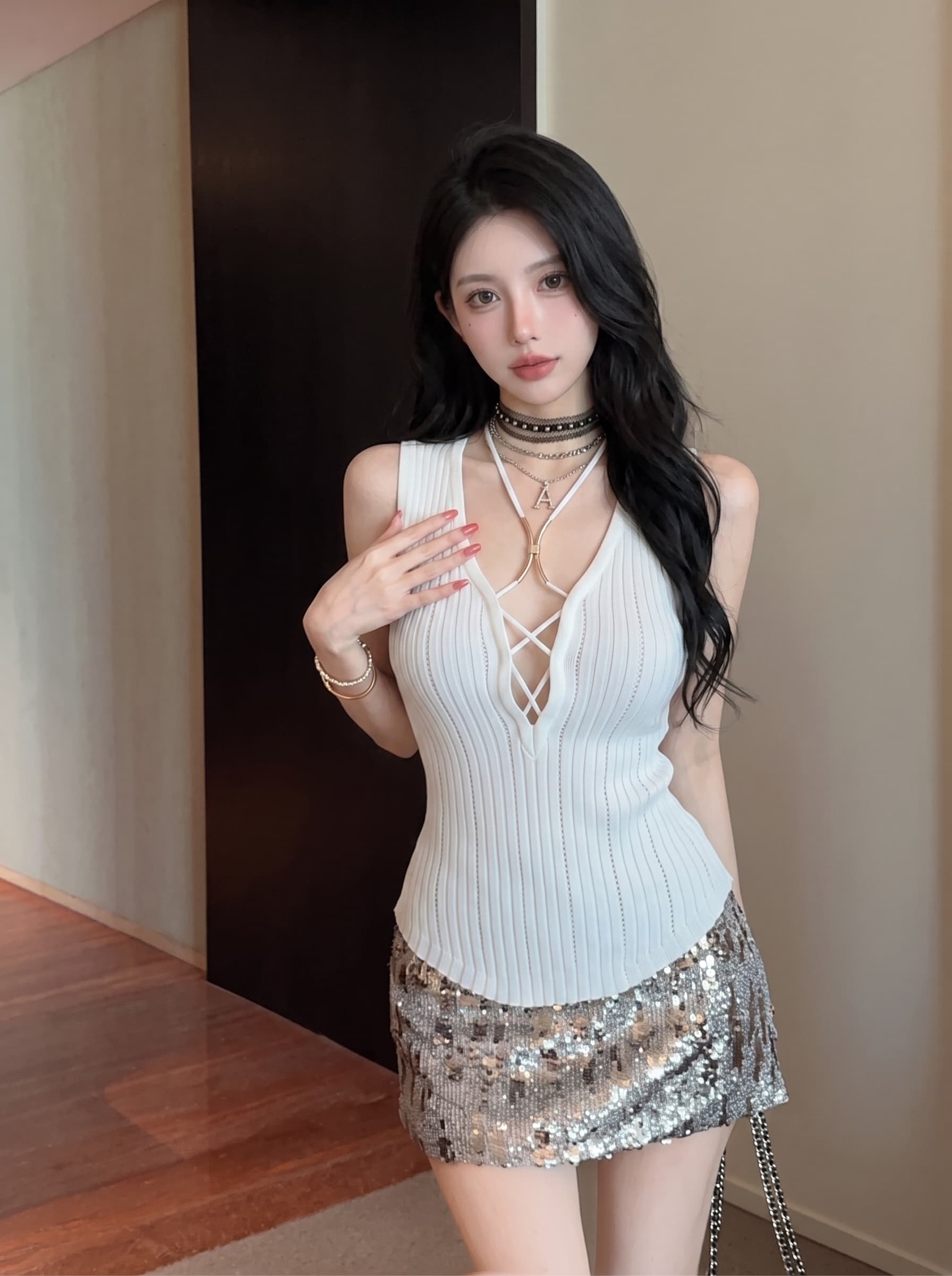 실사 십자가 홀로우 아웃 행침 목 조끼 여성 여름 디자인 센스 고유 한 Chic 순수한 욕망 바람 핫걸 몸매 가꾸기 작은 맨위 상세 이미지 5