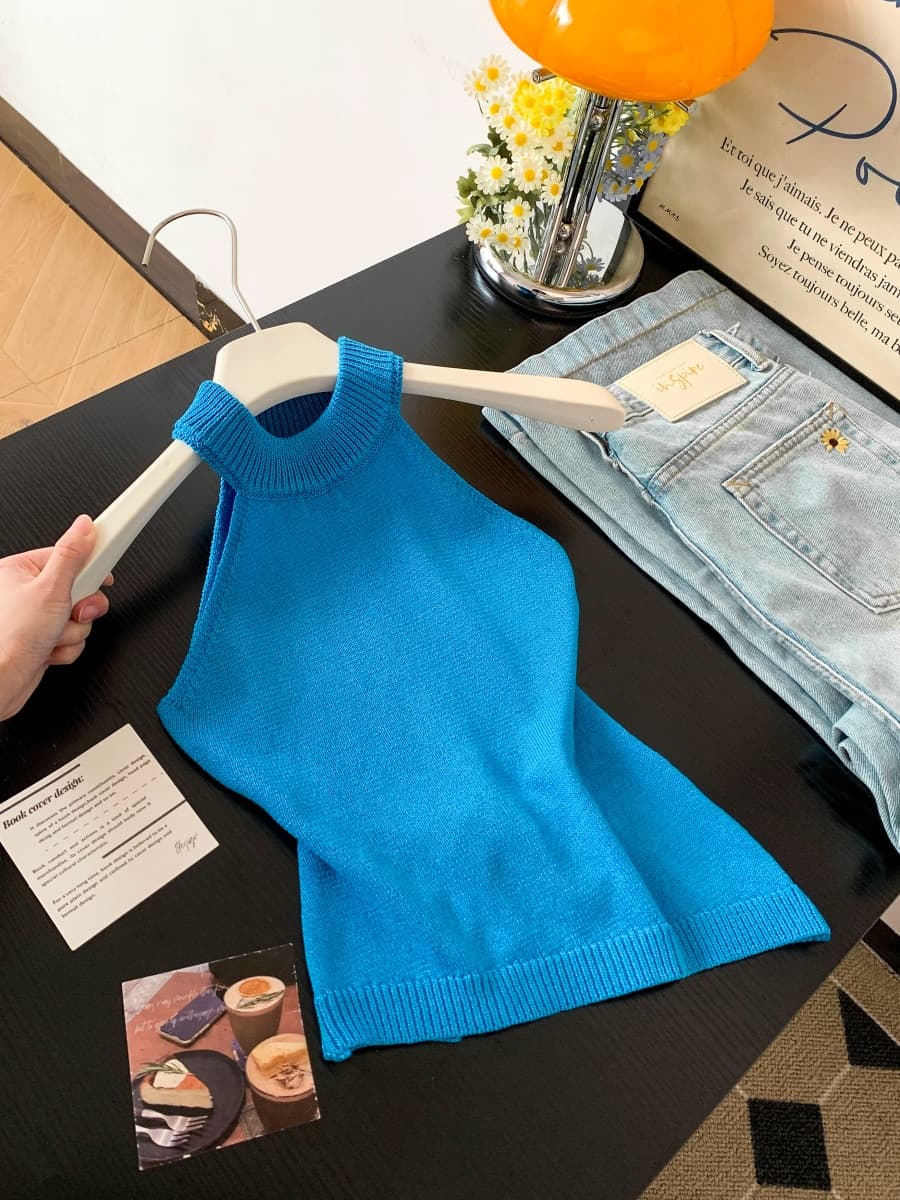 실사 순수한 욕망 핫걸 행침 목 니트 캐미솔 여름 새로운 외출용 몸매 가꾸기 고급 불규칙 맨위 상세 이미지 3