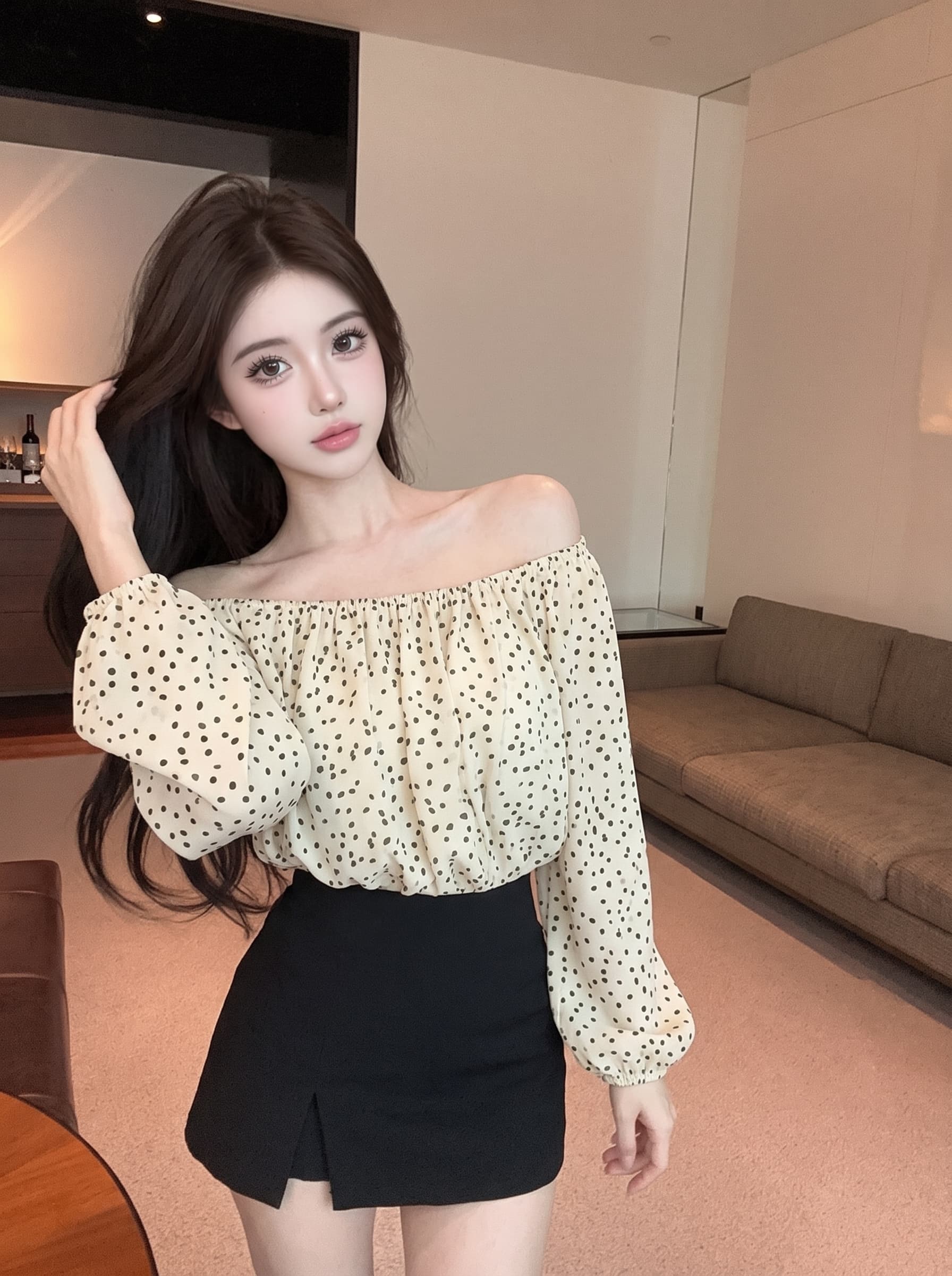실사 프랑스식 오프숄더 맨위 여성 여름 새로운 도트 무늬 오프숄더 쇼트 스타일 아름다운 Chic 외국 가스 긴팔 셔츠 상세 이미지 4