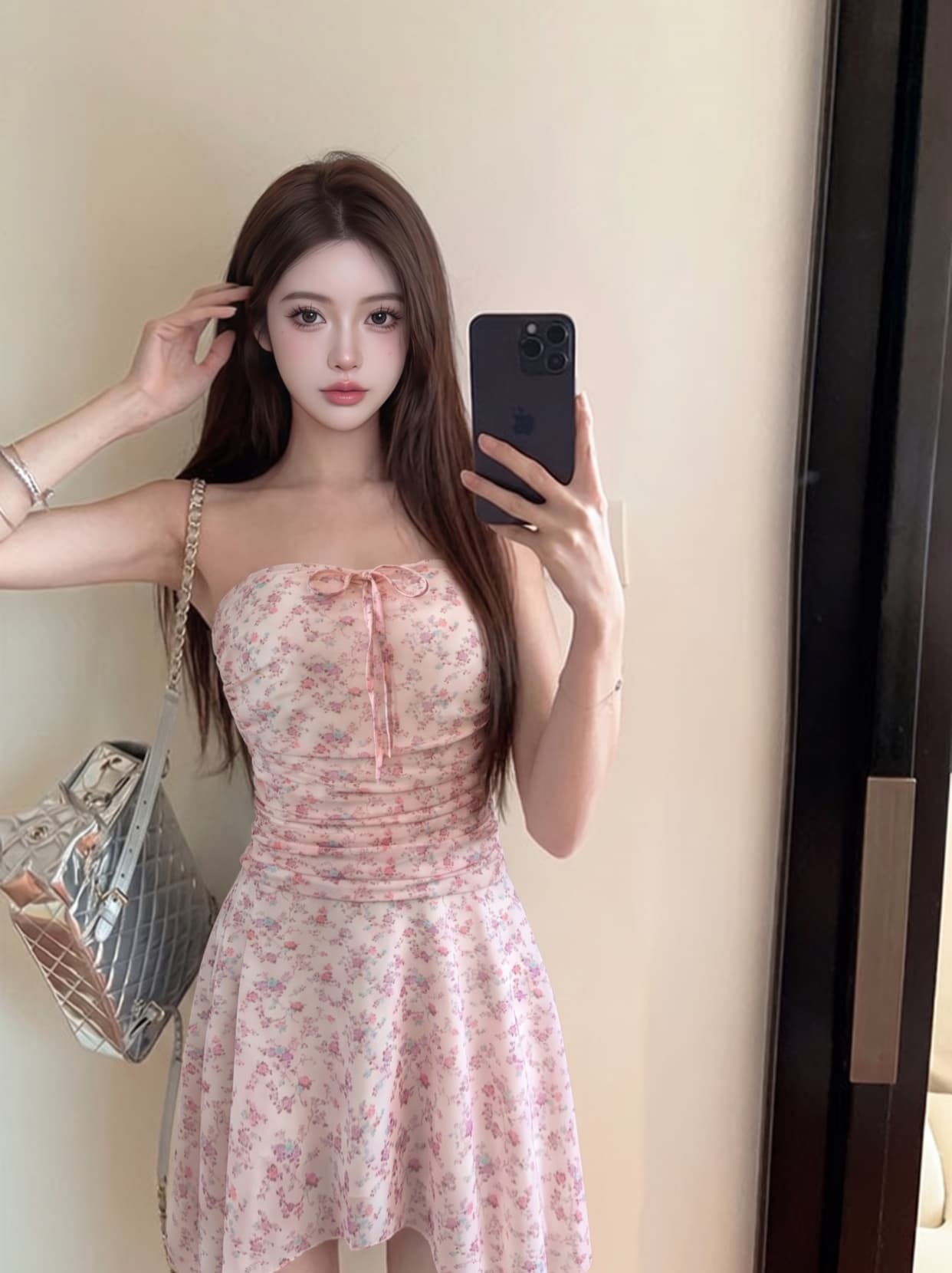 실사 디자인 센스 품격 다용도 튜브탑 꽃무늬 주름 허리 수축 슬림해 보이는 불규칙 여성 여름 드레스 미니 스커트 상세 이미지 4