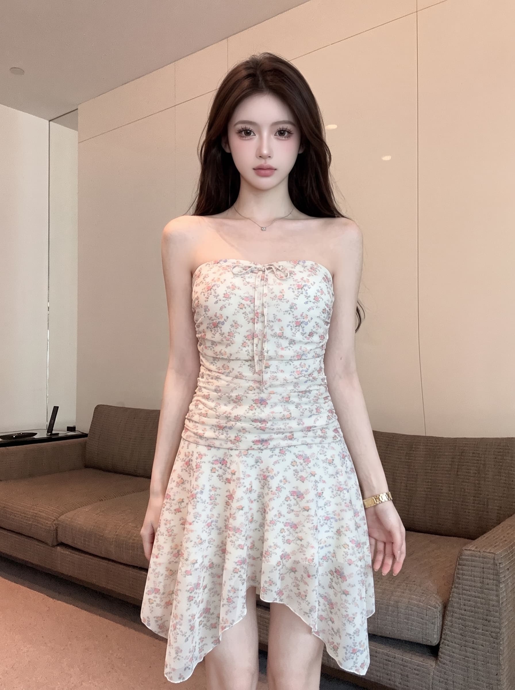 실사 디자인 센스 품격 다용도 튜브탑 꽃무늬 주름 허리 수축 슬림해 보이는 불규칙 여성 여름 드레스 미니 스커트 상세 이미지 9