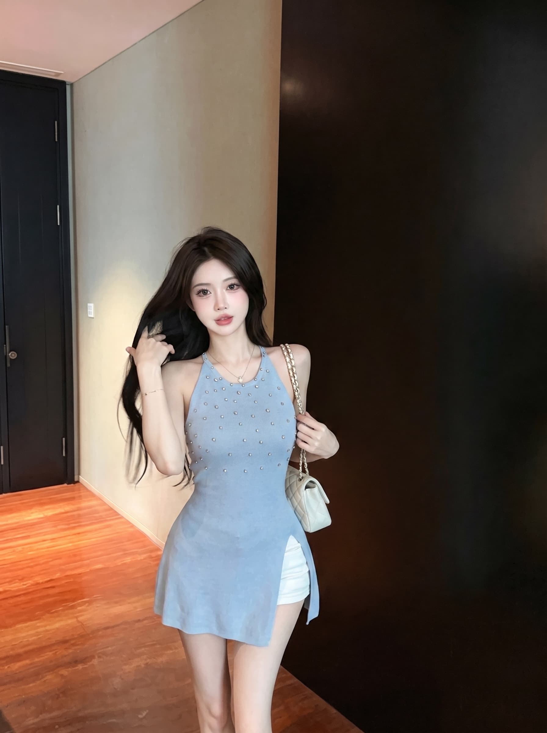 실사 프랑스식 품격 무거운 작업 다이아몬드 세팅 행침 목 니트 조끼 여성 여름 외출용 트임 허리 수축 민소매 맨위 상세 이미지 1