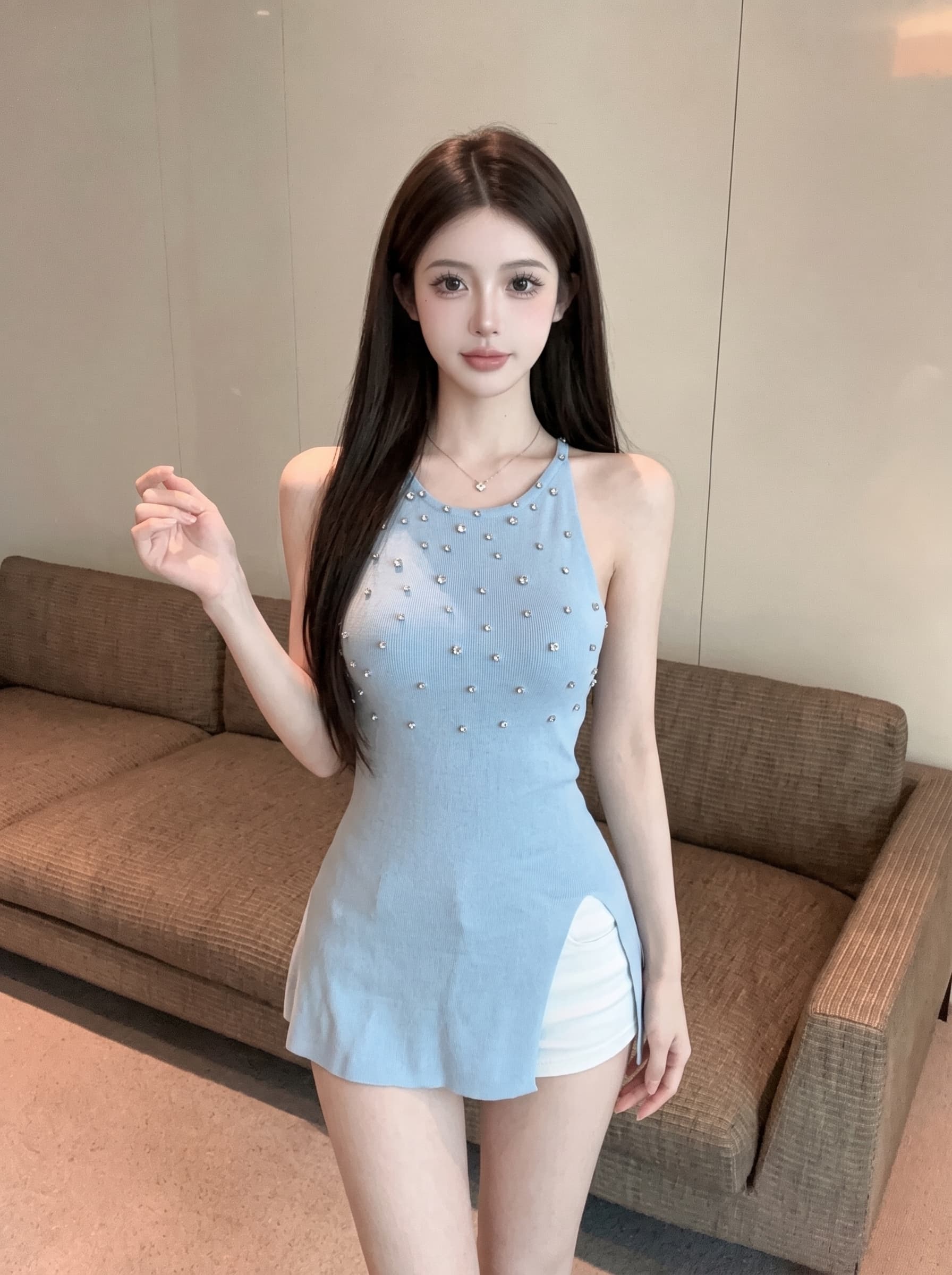 실사 프랑스식 품격 무거운 작업 다이아몬드 세팅 행침 목 니트 조끼 여성 여름 외출용 트임 허리 수축 민소매 맨위 상세 이미지 3