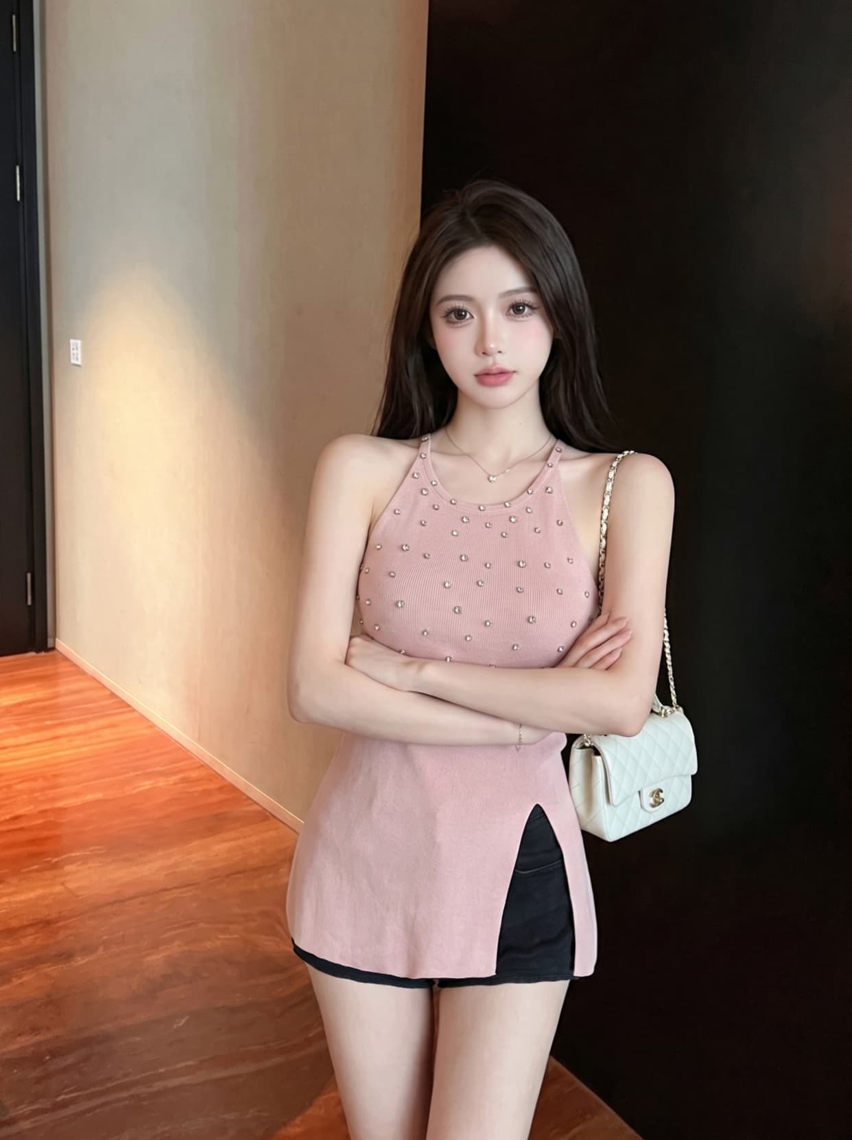 실사 프랑스식 품격 무거운 작업 다이아몬드 세팅 행침 목 니트 조끼 여성 여름 외출용 트임 허리 수축 민소매 맨위 상세 이미지 7