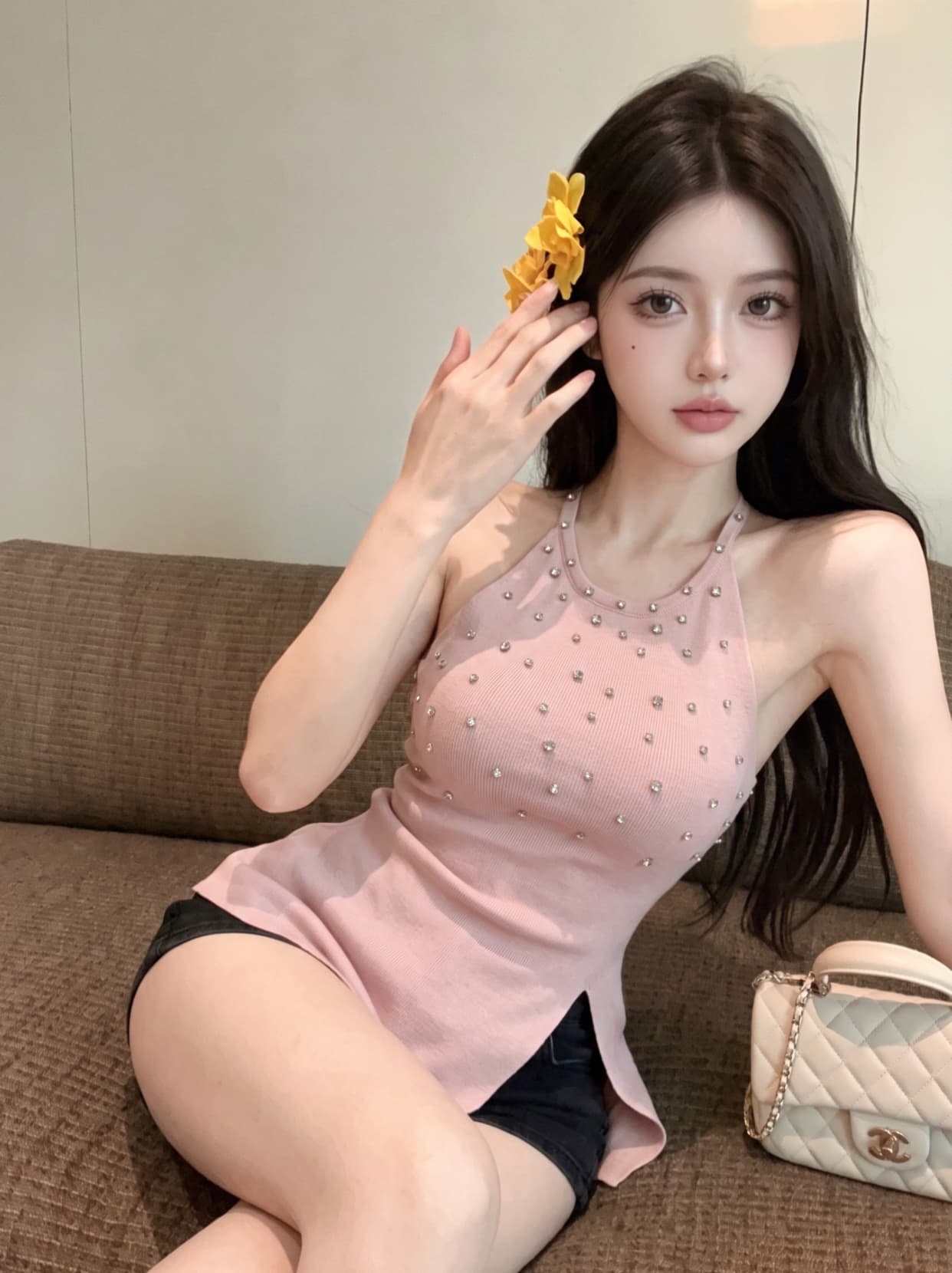 실사 프랑스식 품격 무거운 작업 다이아몬드 세팅 행침 목 니트 조끼 여성 여름 외출용 트임 허리 수축 민소매 맨위 상세 이미지 8